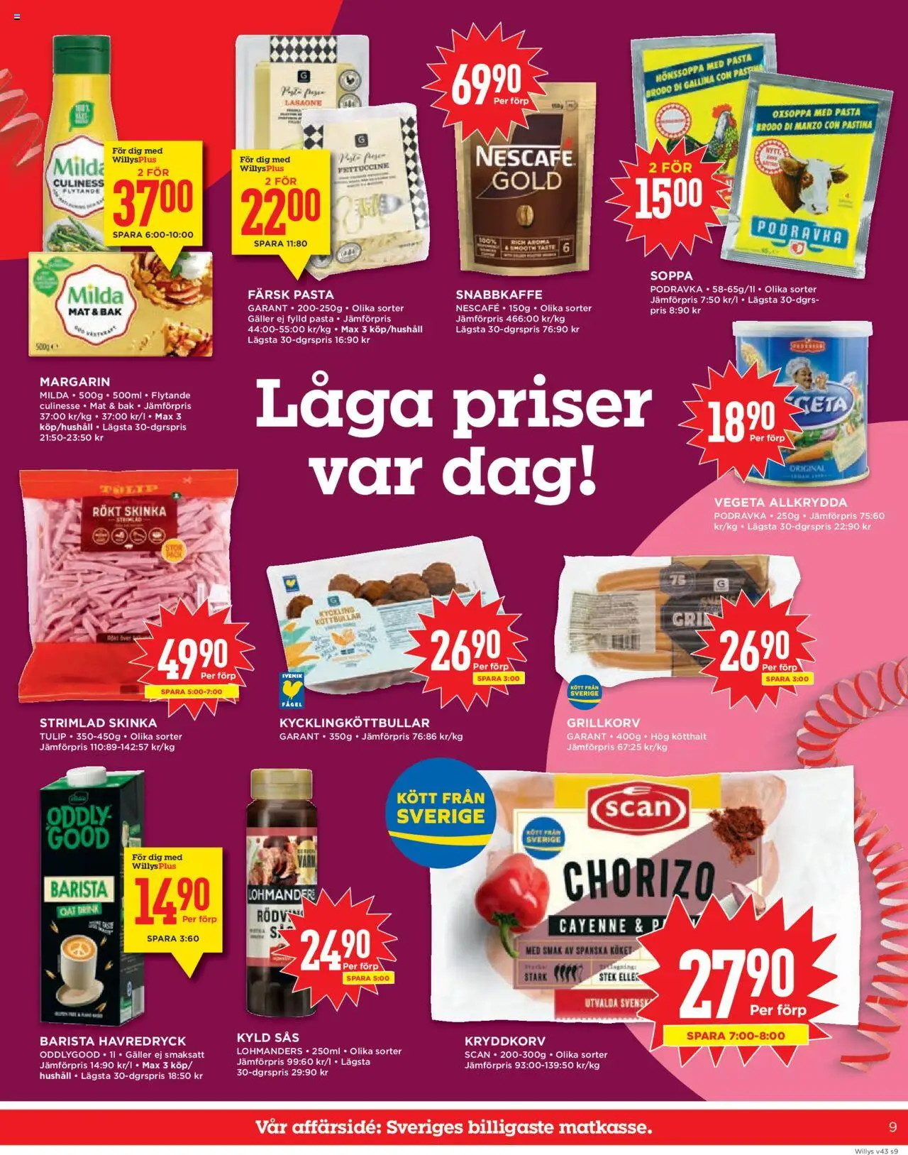 Willys reklamblad aktuell från 20.10.2025 | Sida: 9 | Produkter: Köttbullar, Galler, Margarin, Soppa