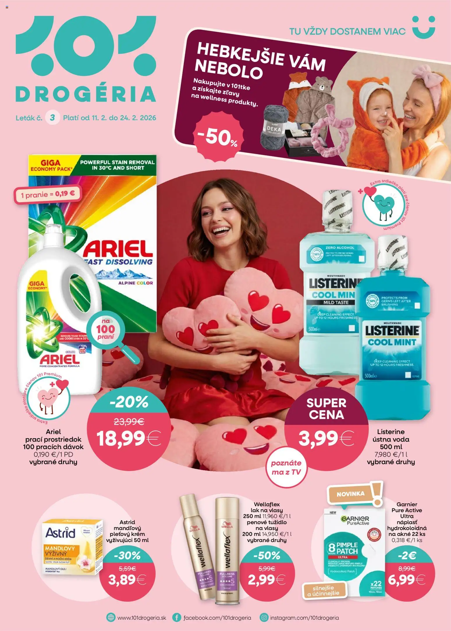 Nové 101 drogerie akcie – leták je platný od 11.02.2026 | Strana: 1 | Produkty: Tv, Listerine, Lak na vlasy, Voda