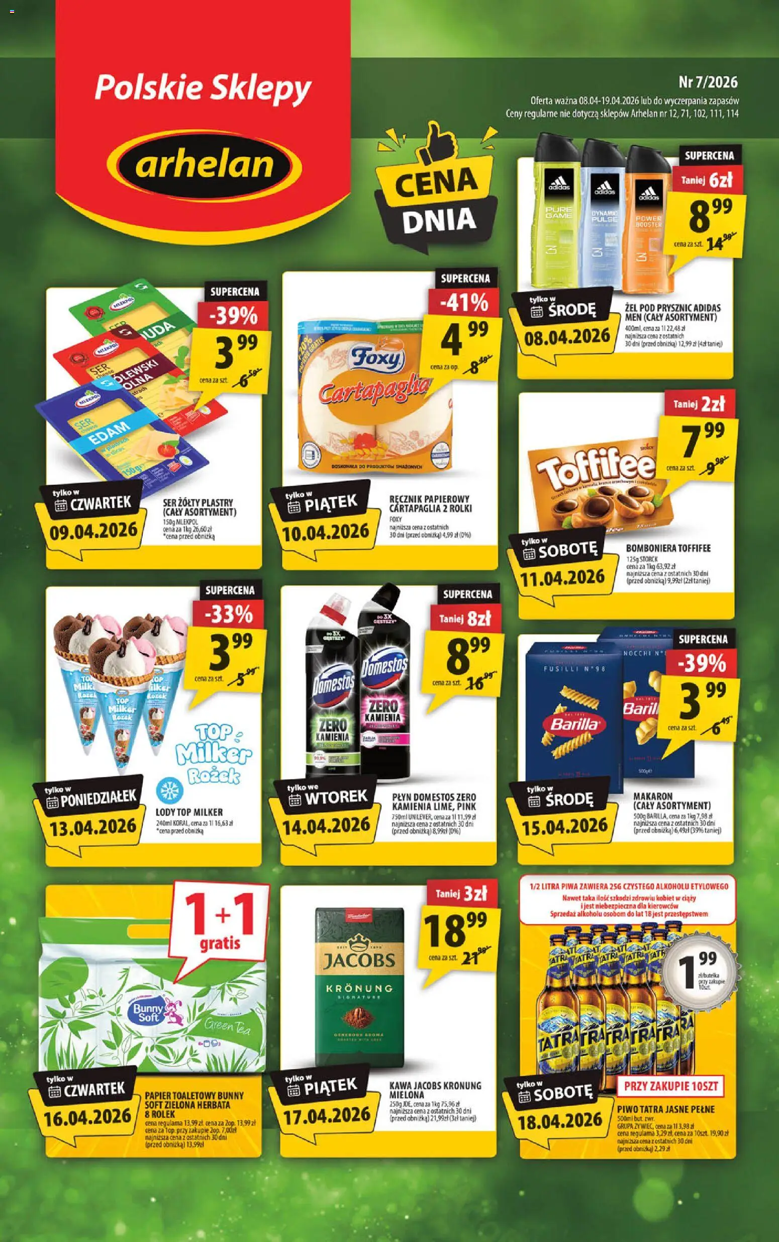 Arhelan gazetka od 08.04.2026 | Strona: 1 | Produkty: Top, Papier toaletowy, Ser, Herbata