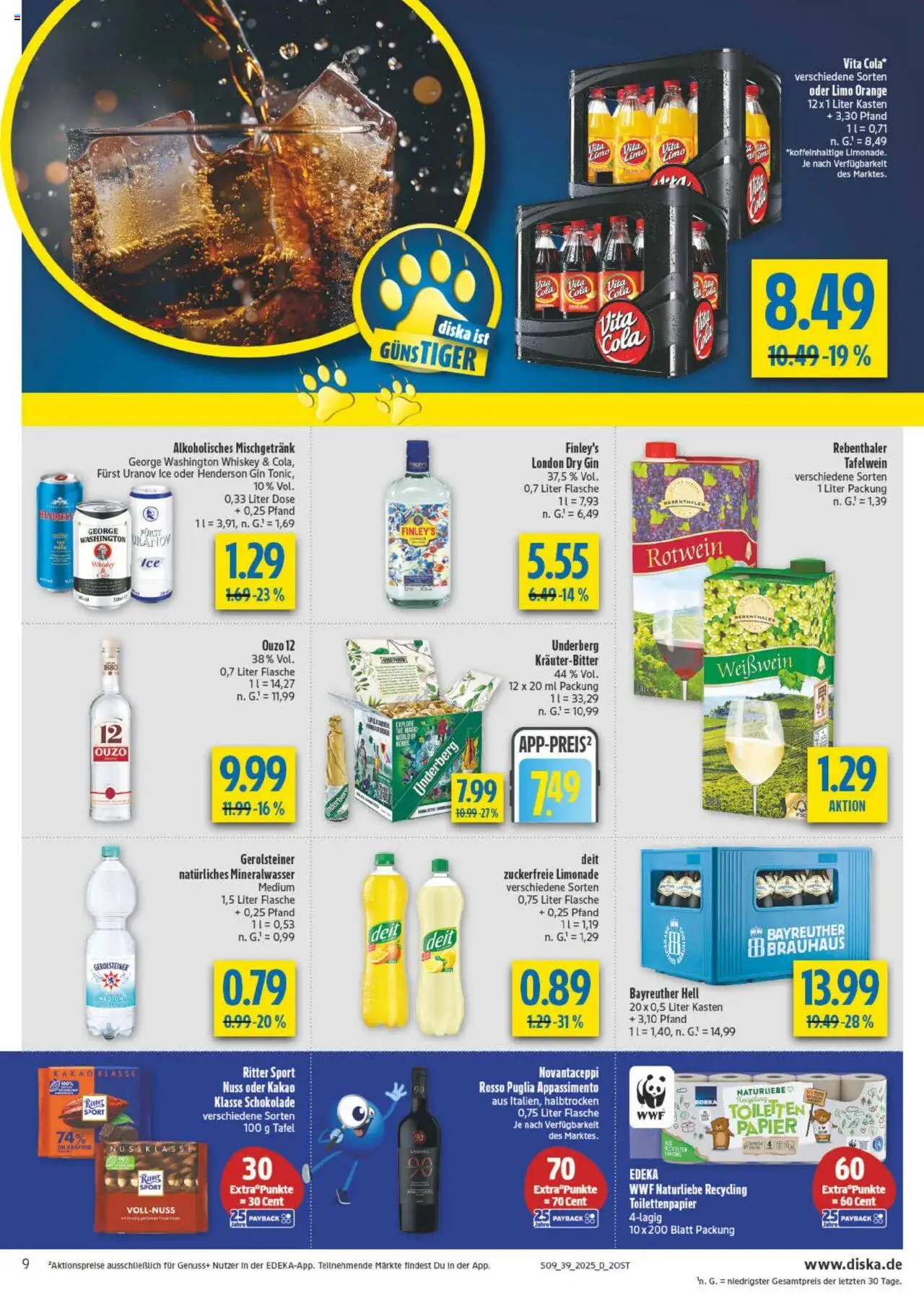 Diska Prospekt 	 – gültig ab 22.09.2025 | Seite: 9 | Produkte: Rotwein, Limonade, Vita cola, Underberg