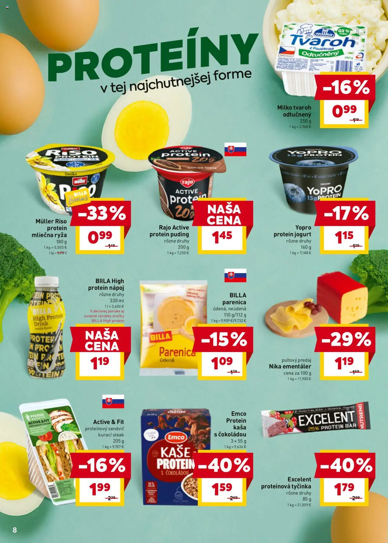 Nové Billa akcie – leták je platný od 15.10.2025 | Strana: 8 | Produkty: Ryža, Protein, Tvaroh, Sendvič
