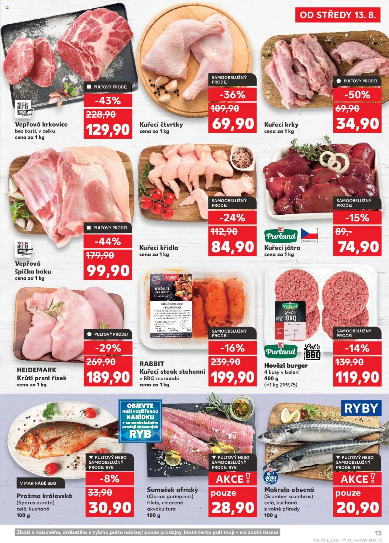 Kaufland leták - Praha 4 od 13.08.2025 | Strana: 13 | Produkty: Steak, Makrela, Kuřecí Játra, Vepřová krkovice