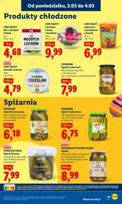 Pogląd oferty "FRESHONA Ogórki w plastrach, Ogórki w plastrach 680 g (340 g po odsączeniu) z curry lub na ostro" - ważna od 02.03.2026 | Strona: 45