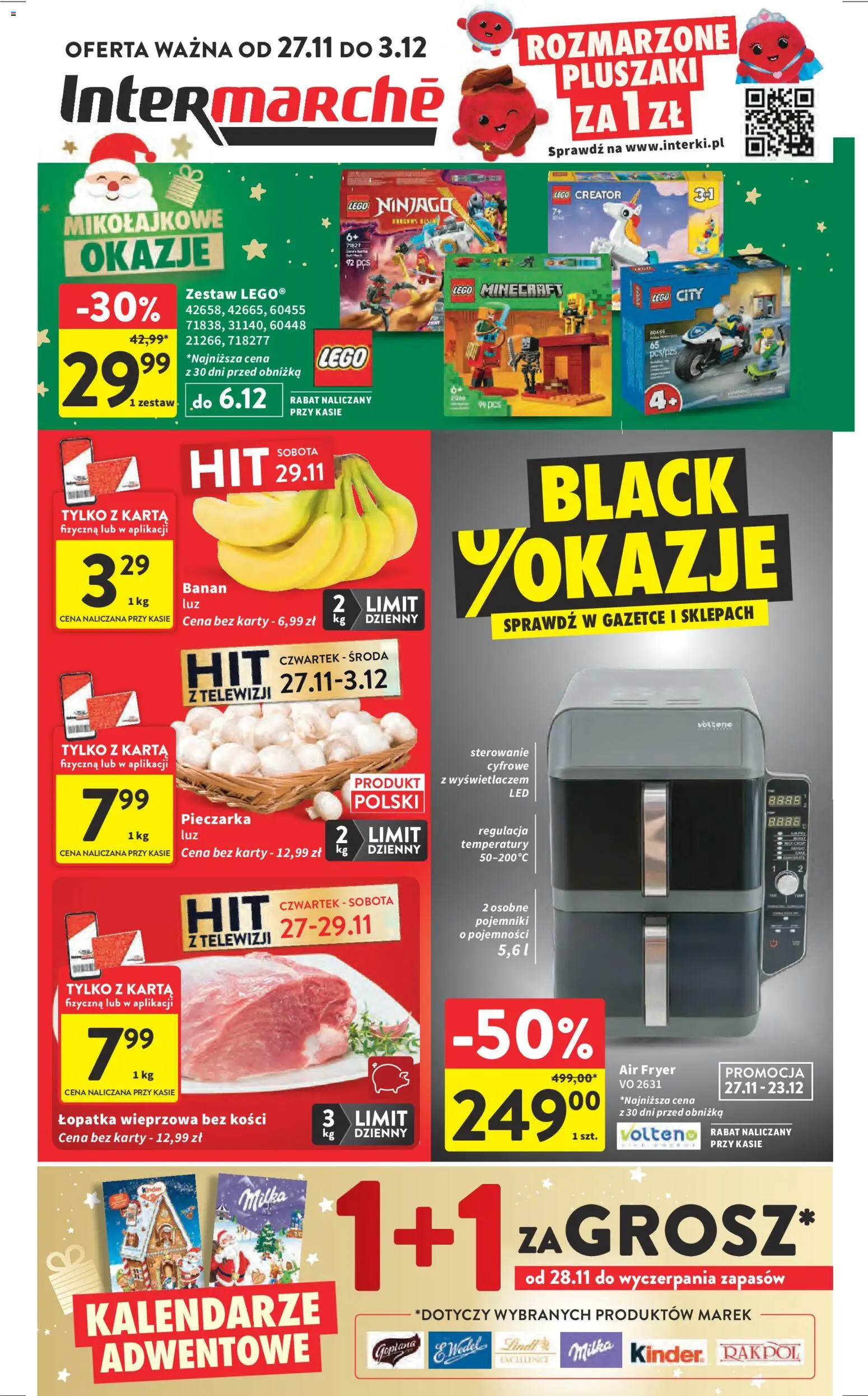 Intermarche Black Friday od 27.11.2025 | Strona: 1 | Produkty: Karta, Milka, Łopatka wieprzowa, Banan