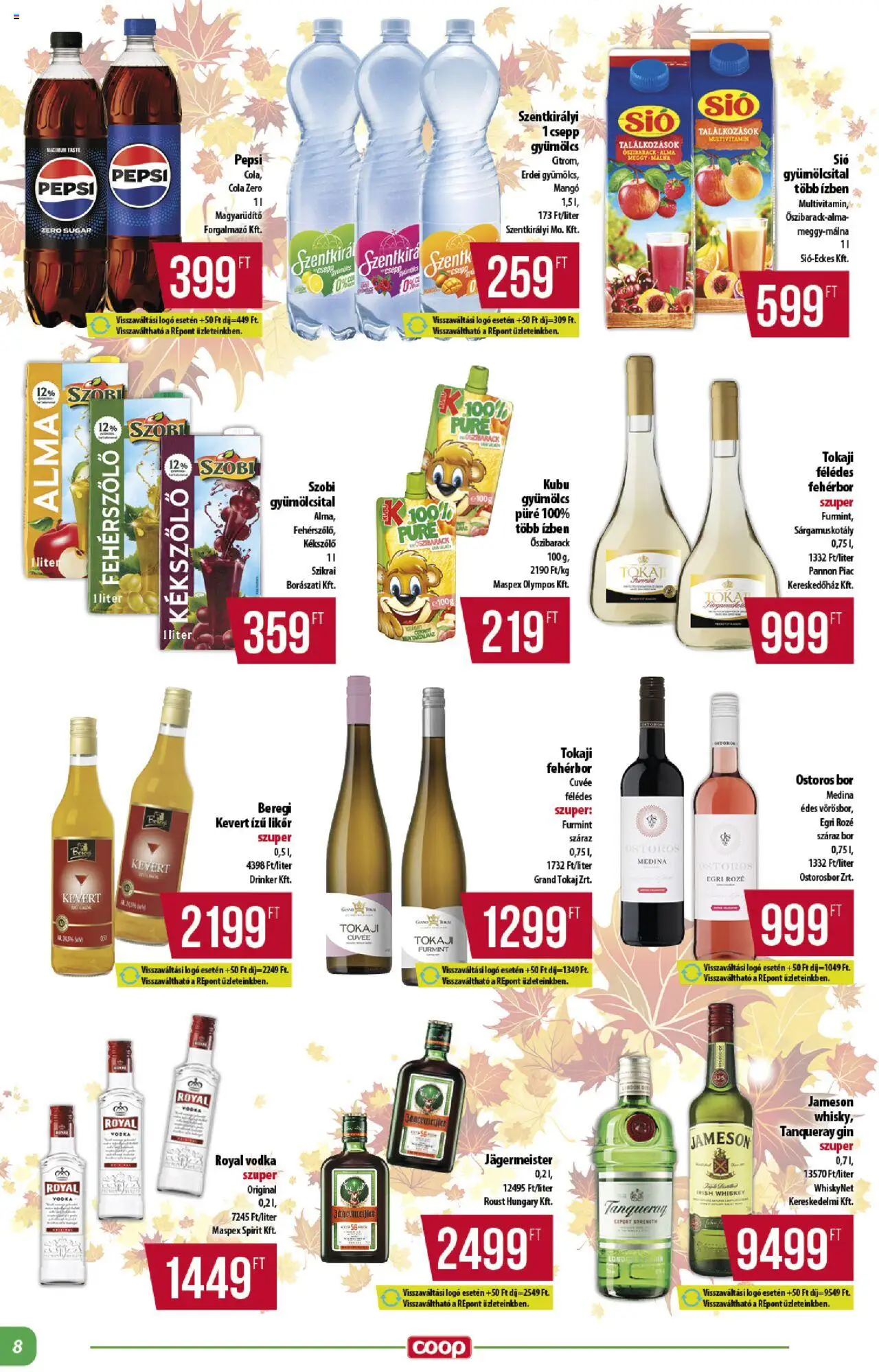 COOP akciós ujság - amely érvényes a következő dátumtól: 24.10.2025 | Oldal: 8 | Termékek: Gyümölcsital, Cola, Vodka, Whisky