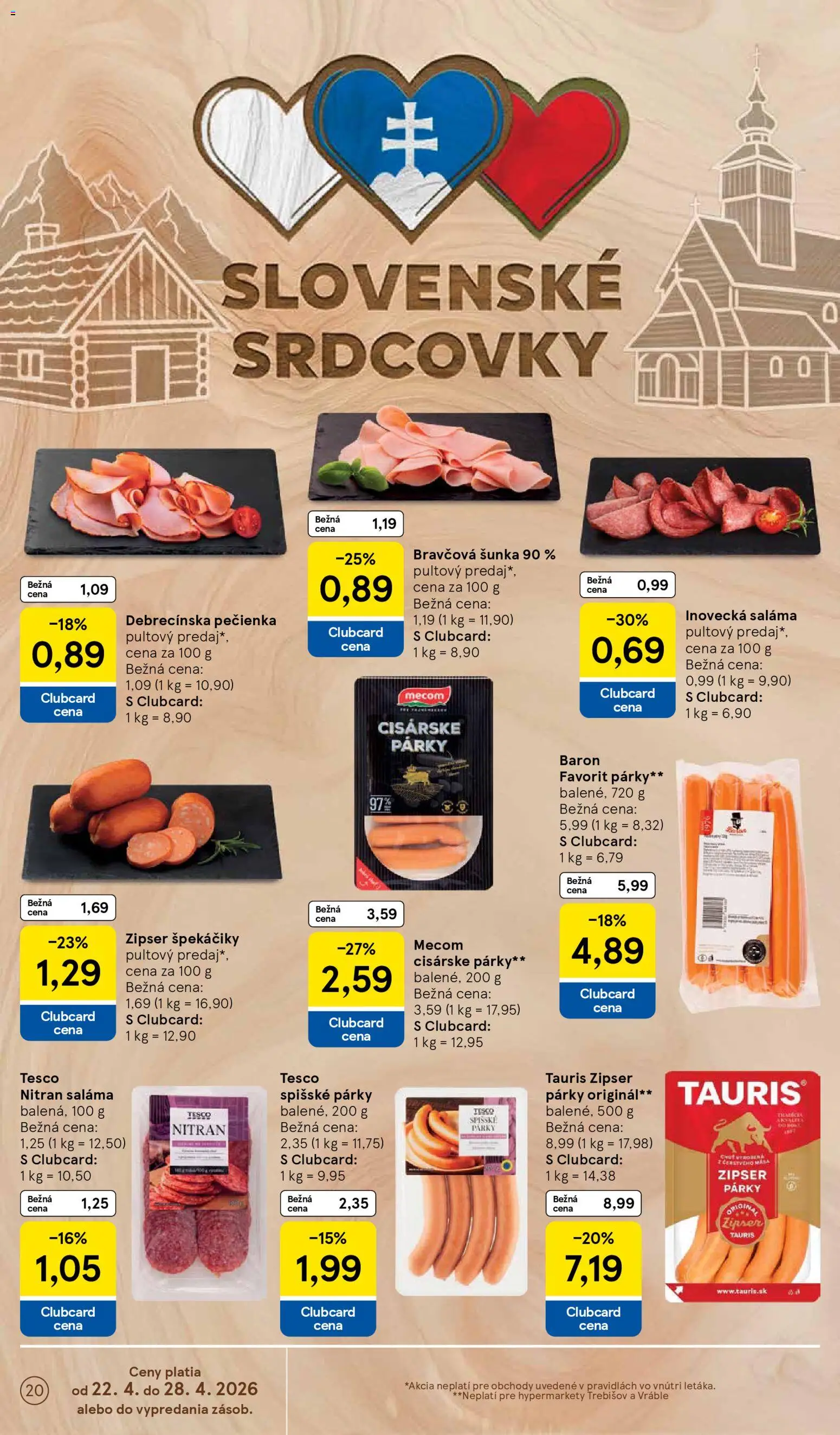 Nové Tesco akcie – leták je platný od 22.04.2026 | Strana: 20 | Produkty: Saláma, Šunka, Párky