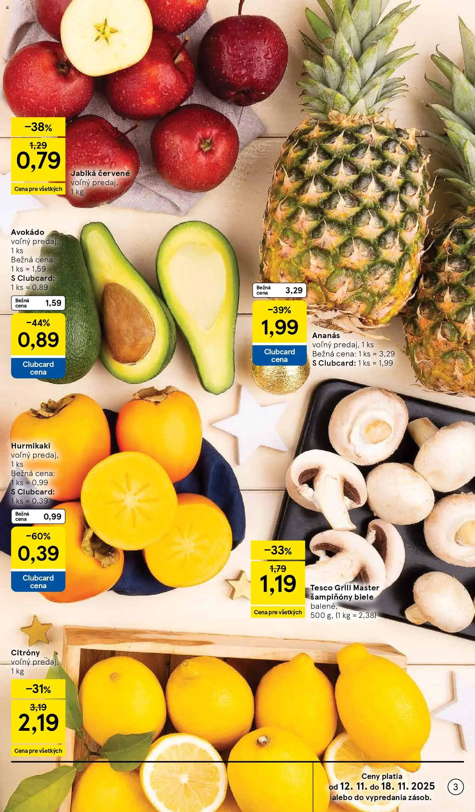 Nové Tesco akcie – leták je platný od 12.11.2025 | Strana: 3 | Produkty: Jablká, Hurmikaki, Citróny, Ananás