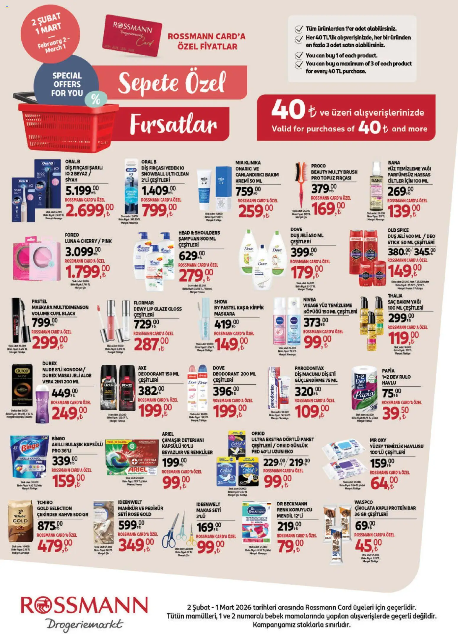 Rossmann aktüel ürünler kataloğu yayımlandı! Bu hafta 02 Şubat 2026 - 01 Mart 2026 günü Rossmann indirimli ürünleri