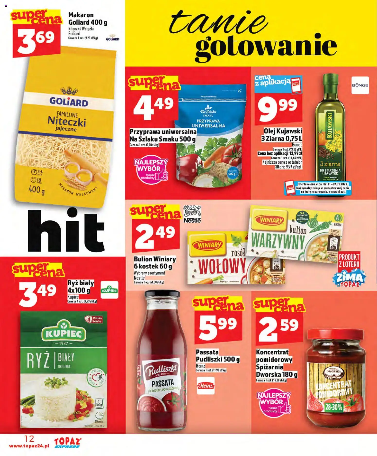 Topaz Gazetka - Express od 02.01.2026 | Strona: 12 | Produkty: Przecier pomidorowy, Olej kujawski, Olej, Makaron