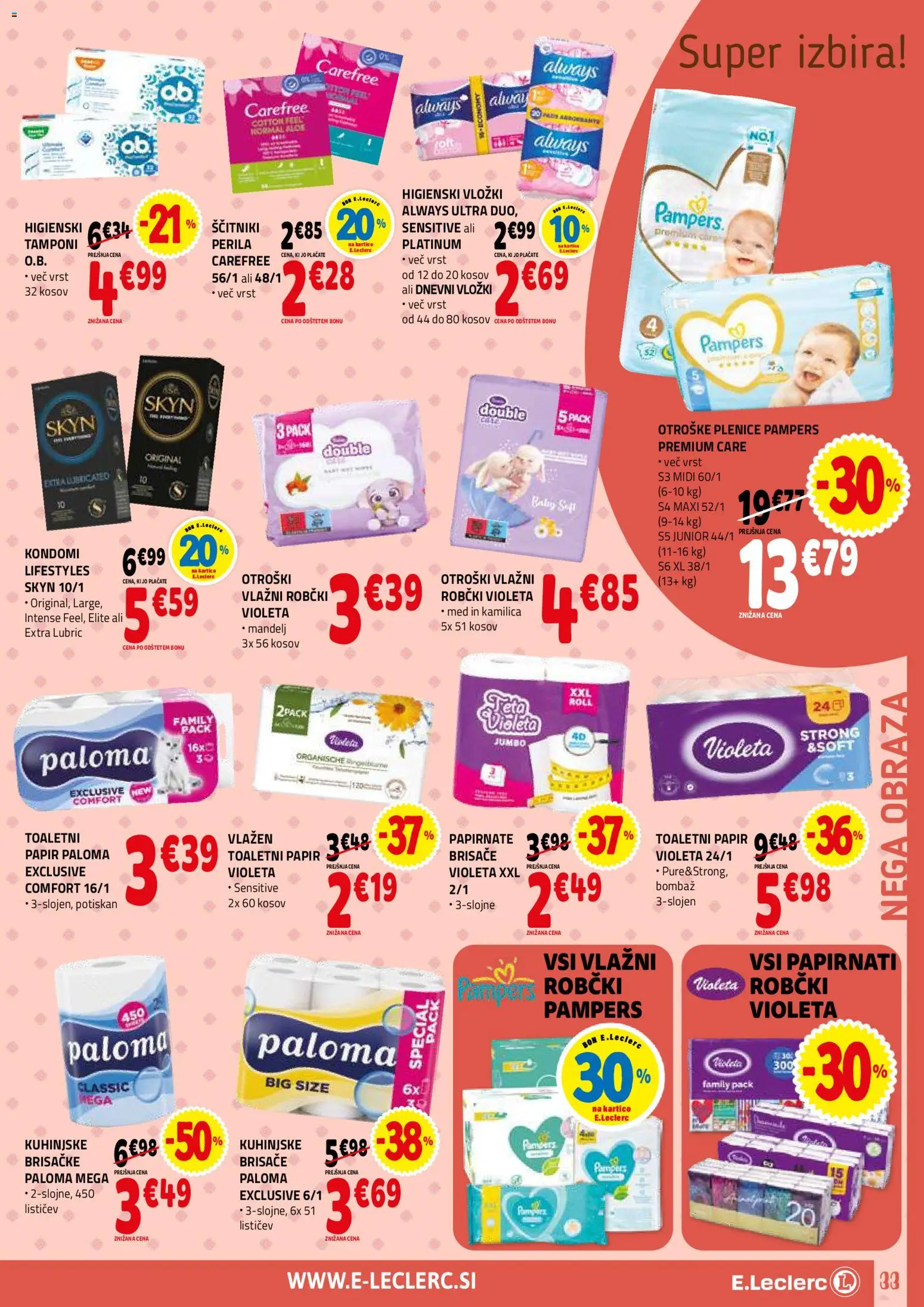 Novi E.leclerc katalog ponudbe – veljaven od 28.01.2026 | Stran: 33 | Izdelki: Toaletni papir, Kondomi, Vložki, Ščitniki