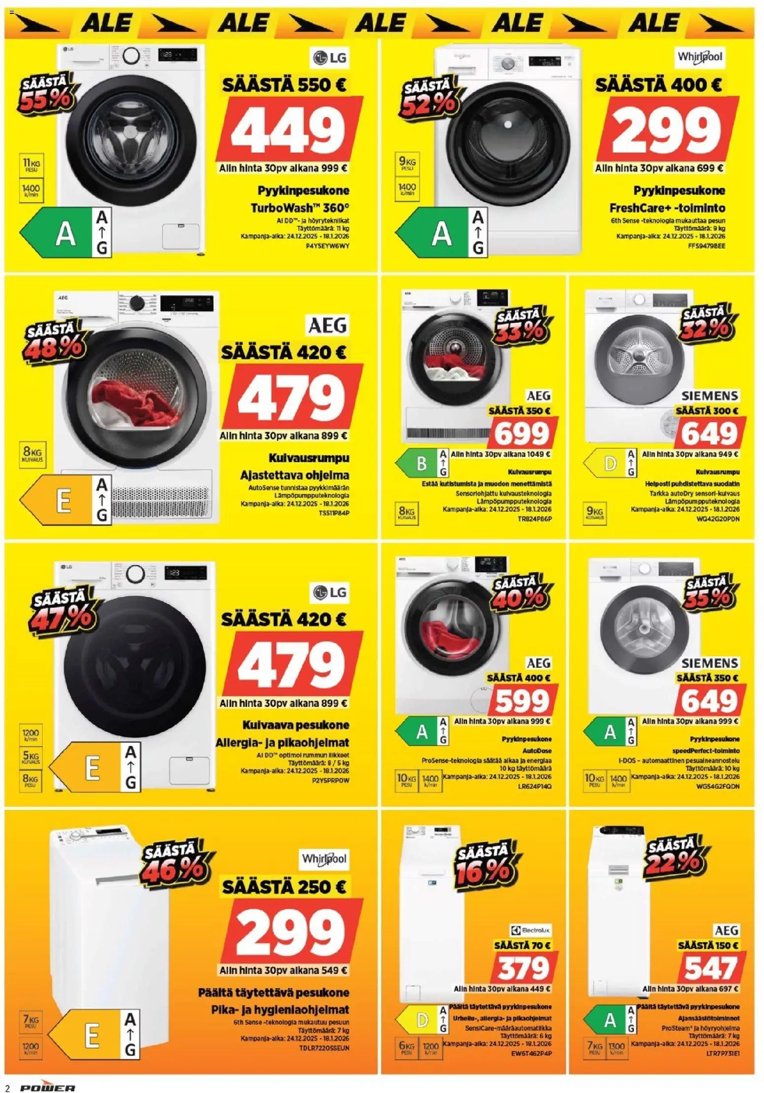 Power tarjoukset – voimassa 05.01.2026 alkaen | Sivu: 2 | Tuotteet: Pesukone, Kuivausrumpu, Kuivaava pesukone