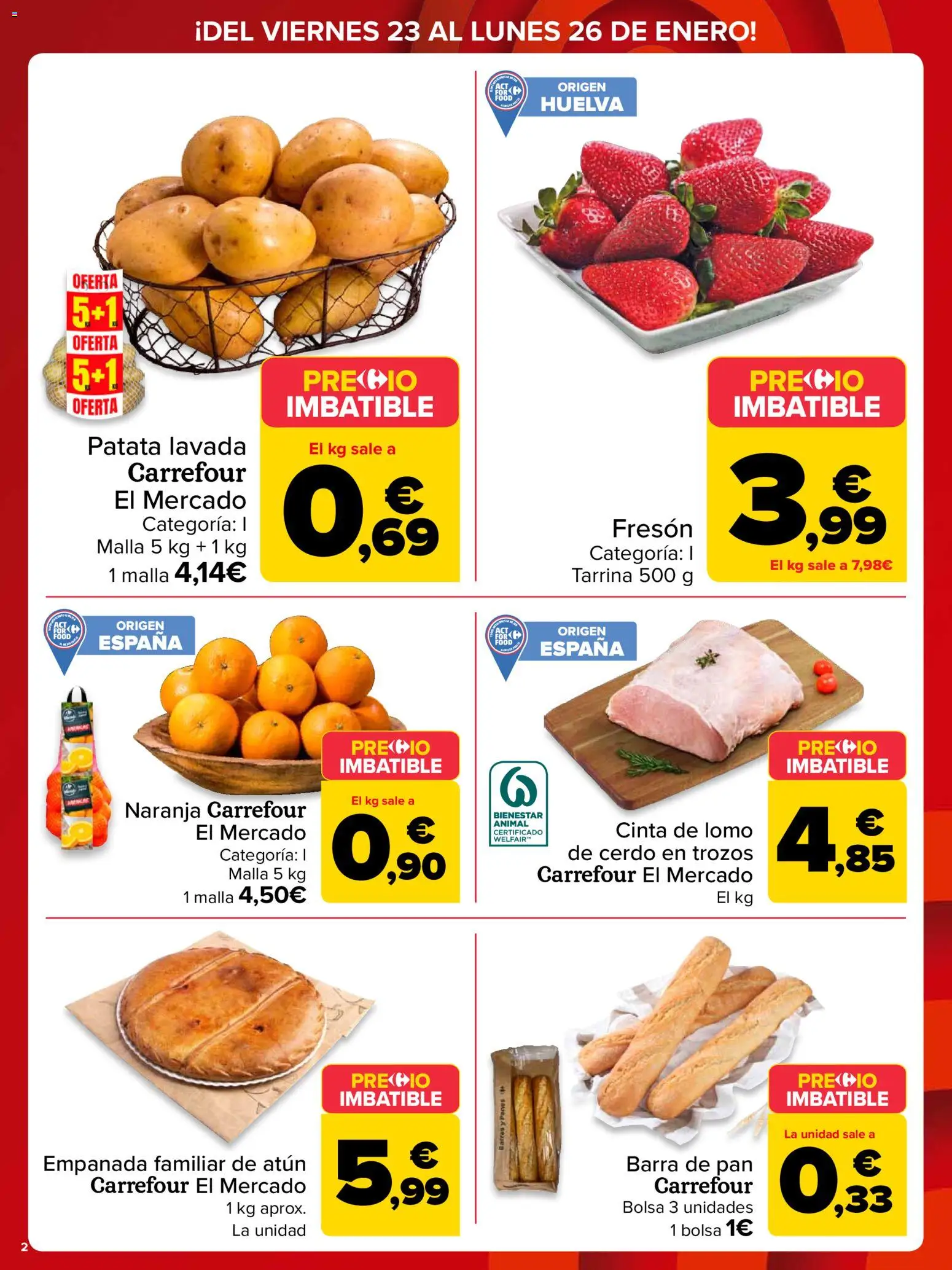 Carrefour folleto │ válido desde el 23.01.2026 | Página: 2 | Productos: Pan, Cerdo, Bolsa