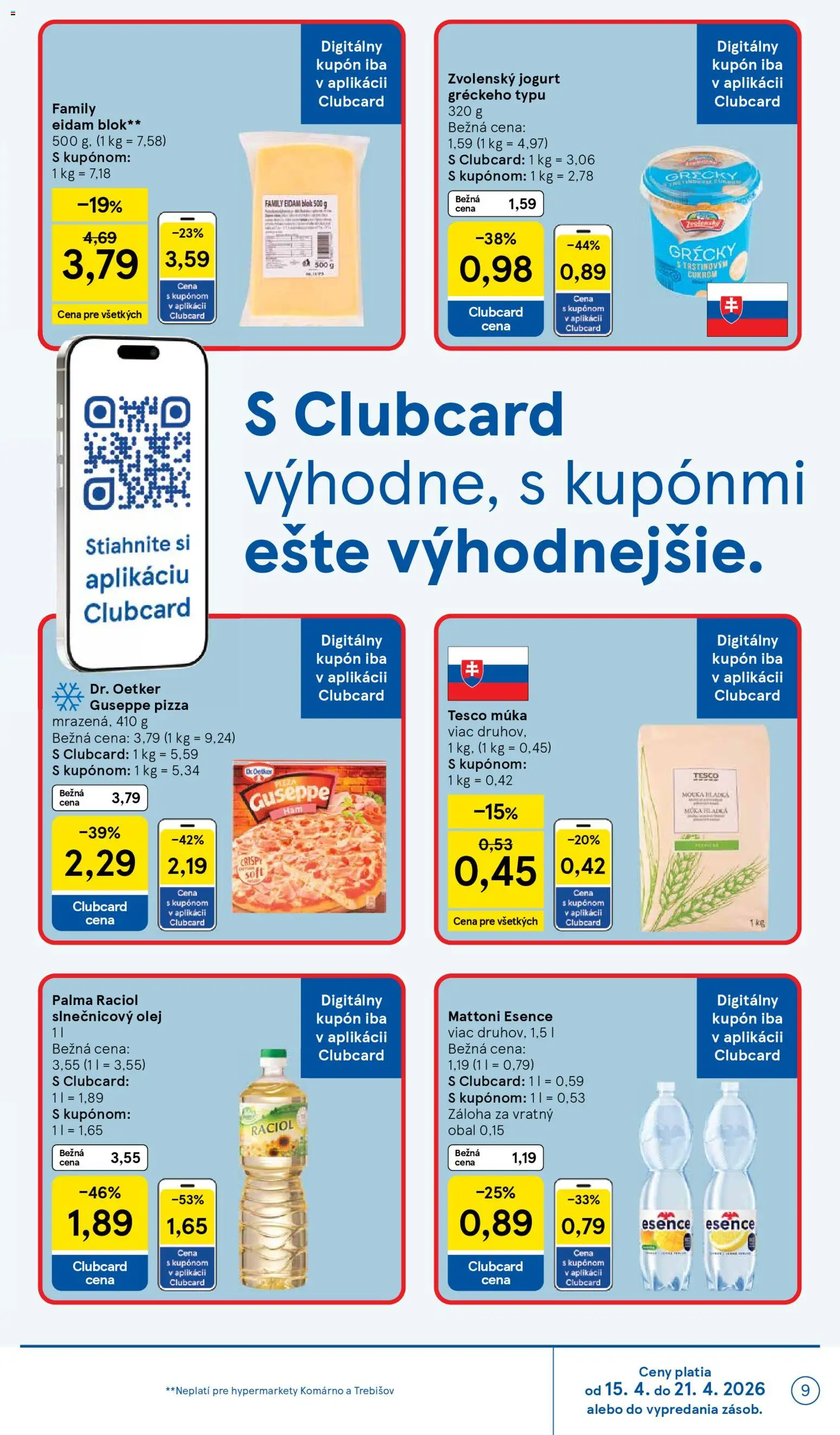 Nové Tesco akcie – leták je platný od 15.04.2026 | Strana: 9 | Produkty: Jogurt, Olej, Slnečnicový olej, Múka
