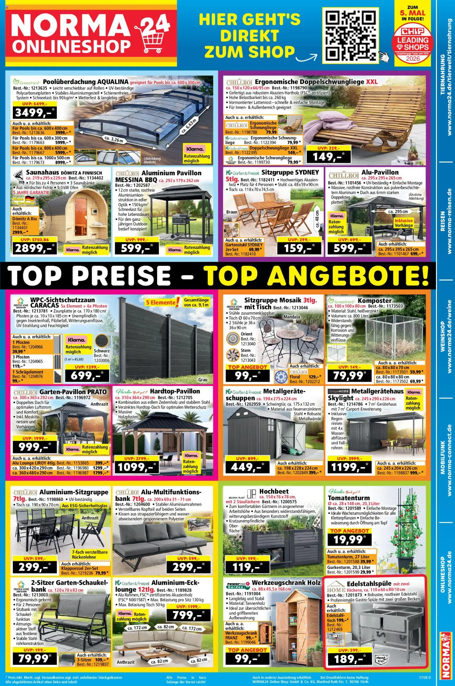 Norma Onlineshop – gültig ab 20.04.2026 | Seite: 1 | Produkte: Top, Kissen, Tisch, Stuhl