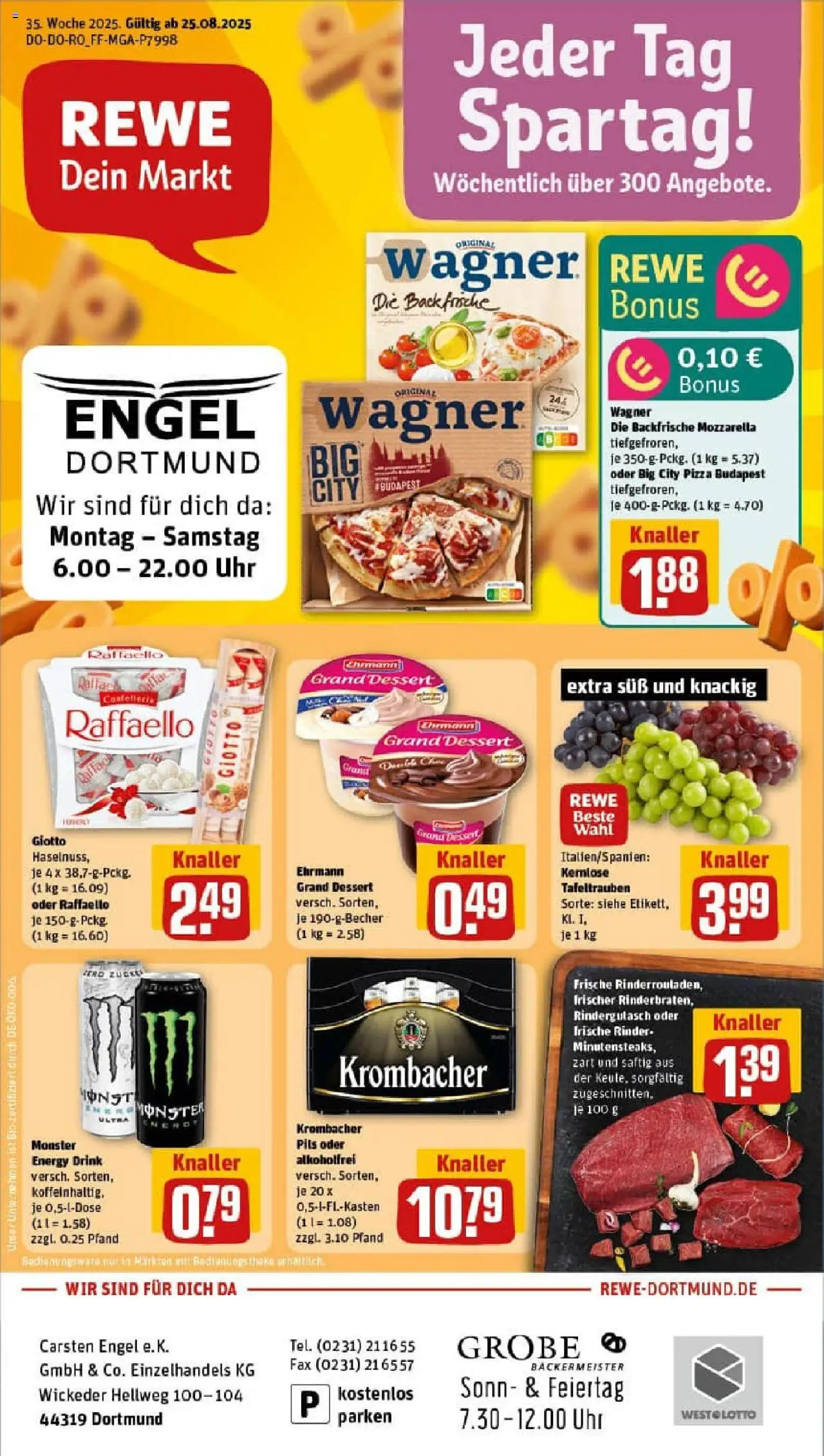 Rewe prospekt Dortmund	 - gültig ab dem 24.08.2025 | Seite: 1 | Produkte: Rinderrouladen, Ehrmann grand dessert, Krombacher, Pizza
