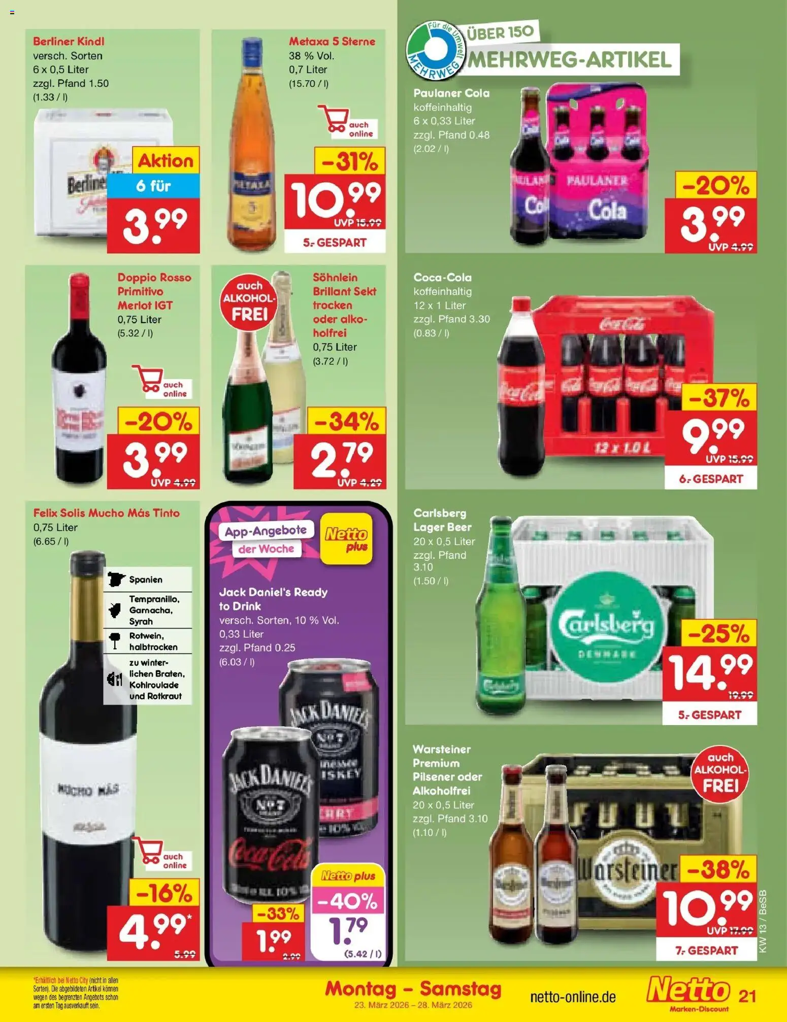 Netto Marken-Discount Prospekt Kremmen	 – gültig ab 23.03.2026 | Seite: 23 | Produkte: Cola, Merlot, Warsteiner, Paulaner