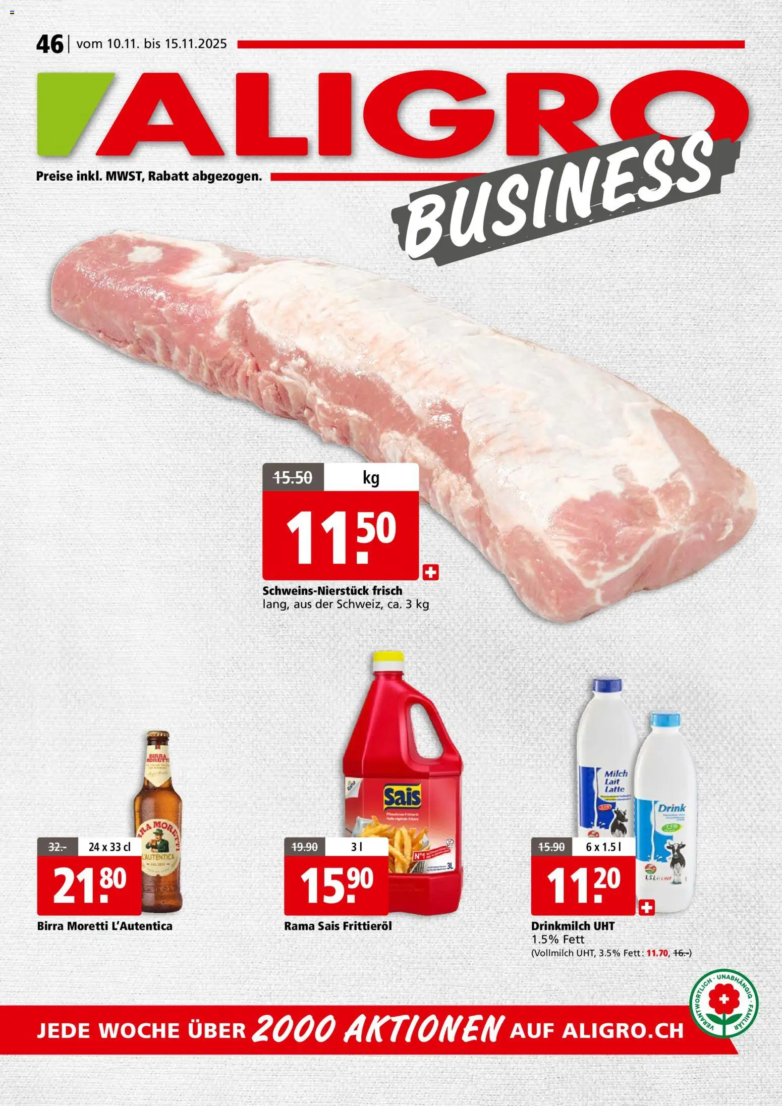 Aligro Aktionen Businesskunden - Schlieren, Gossau SG, Frauenfeld, Rapperswil-Jona, Sargans, Bern, Brüttisellen, Pratteln, Emmen, Spreitenbach – gültig ab 10.11.2025 | Seite: 1 | Produkte: Milch