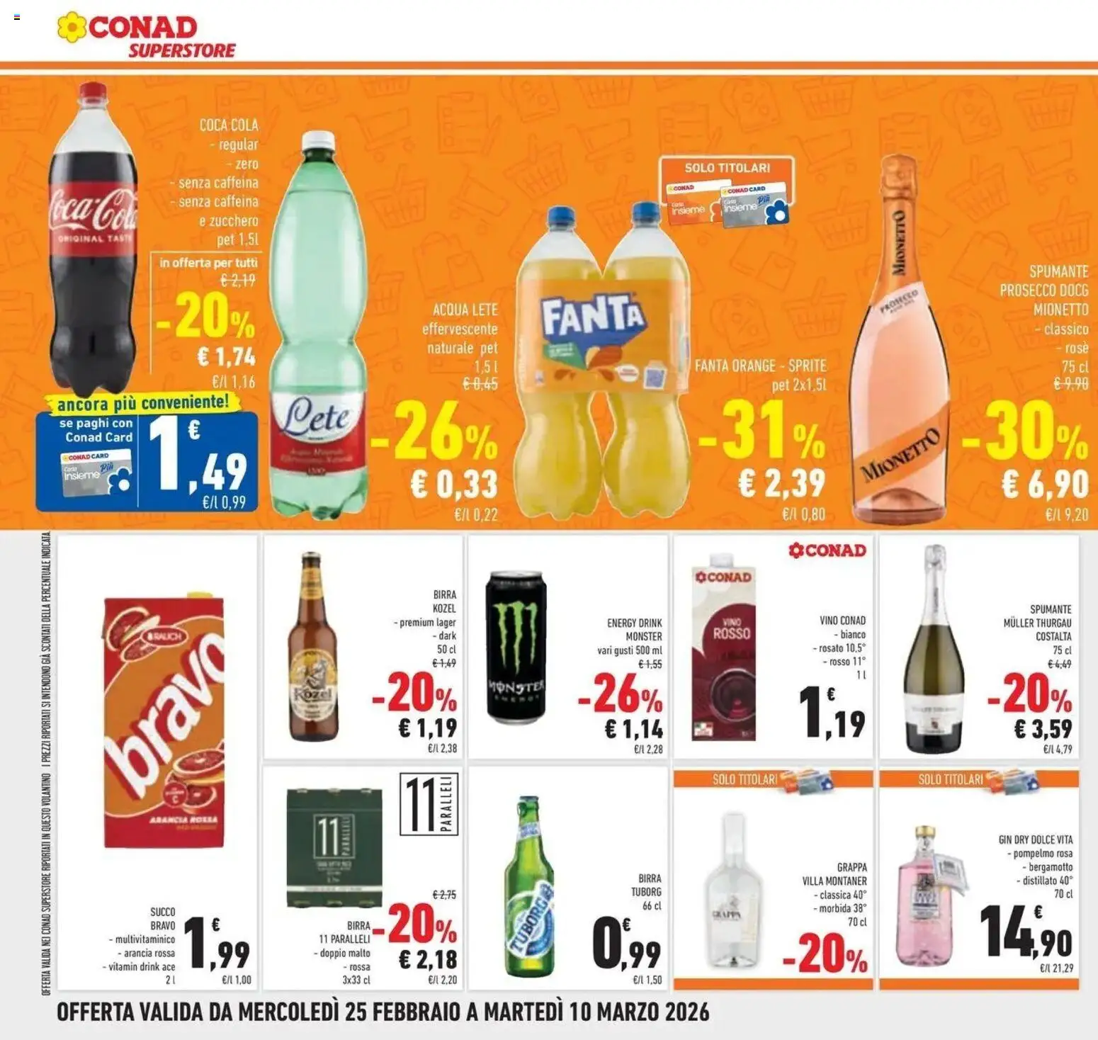 Volantino Conad del 25.02.2026 | Pagina: 26 | Prodotti: Gin, Prosecco, Arancia, Grappa
