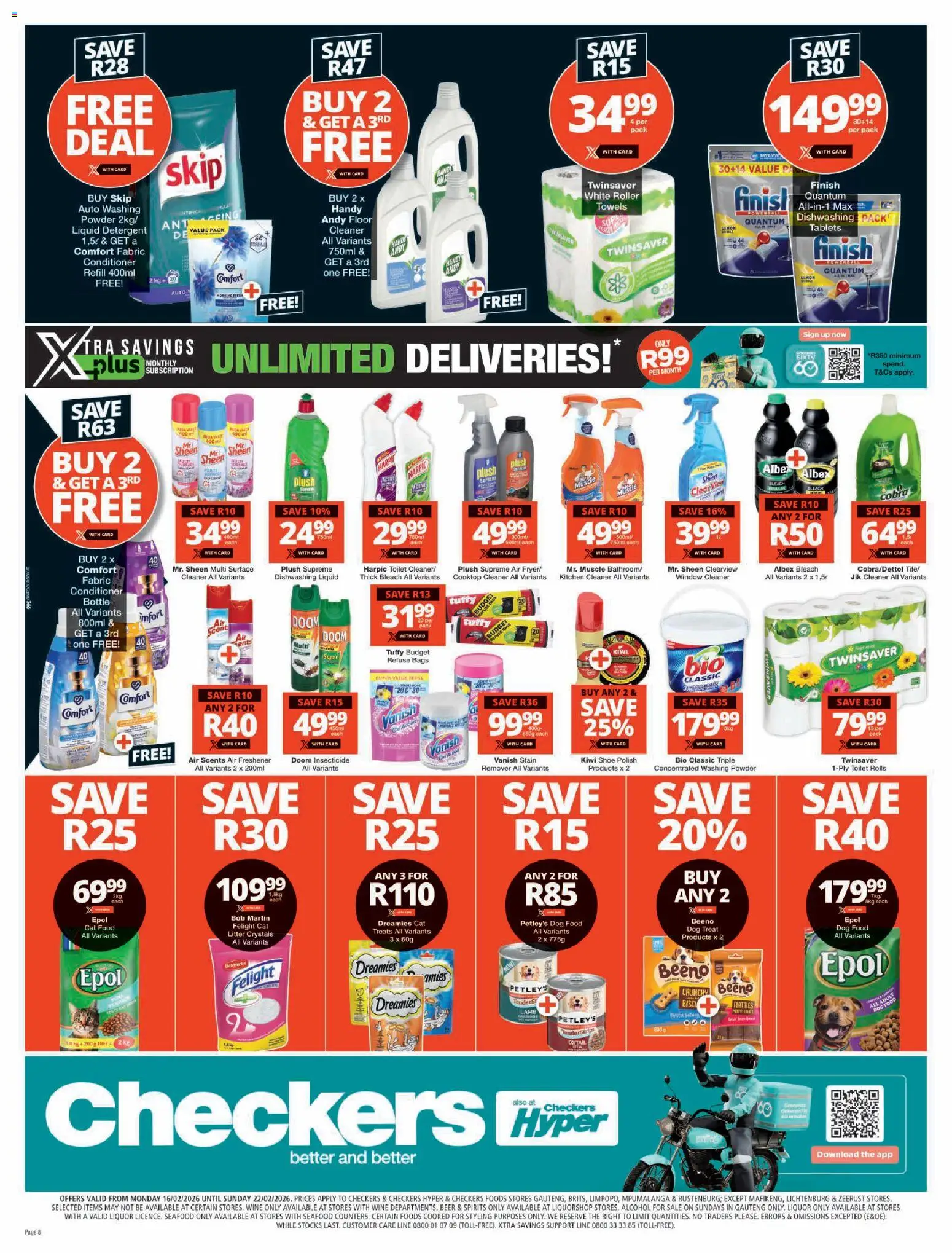 New Checkers catalogue – valid from 16.02.2026 | Page: 8 | Products: Toilet, Powder, Dog food, Dishwashing liquid