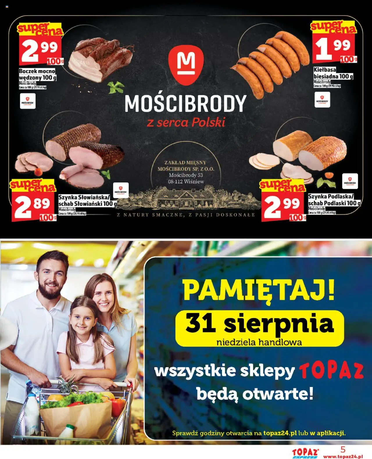 Topaz Gazetka - Express od 28.08.2025 | Strona: 5 | Produkty: Kiełbasa, Schab, Szynka, Boczek