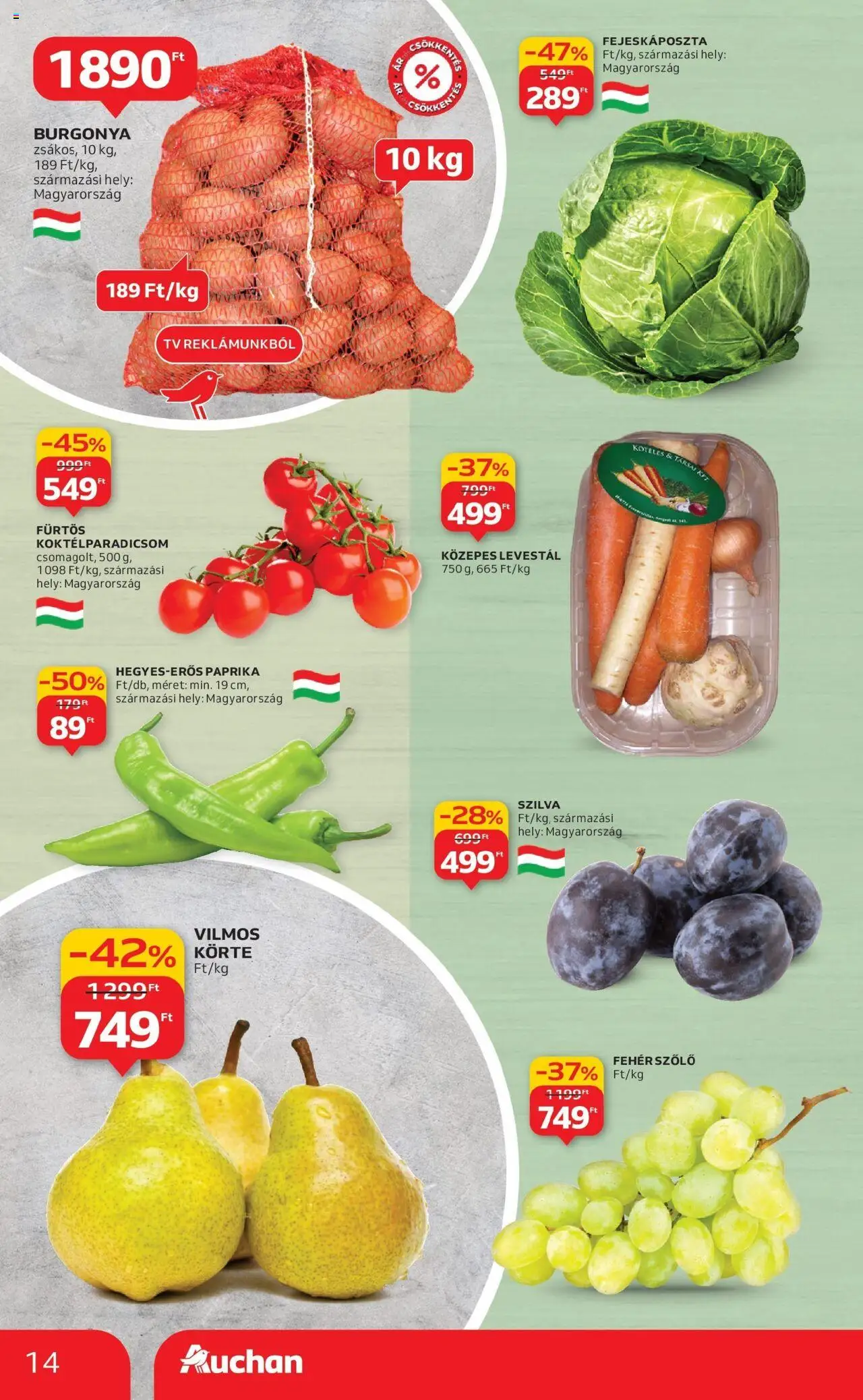 Auchan akciós ujság - amely érvényes a következő dátumtól: 04.09.2025 | Oldal: 14 | Termékek: Szőlő, Körte, Burgonya, Koktélparadicsom