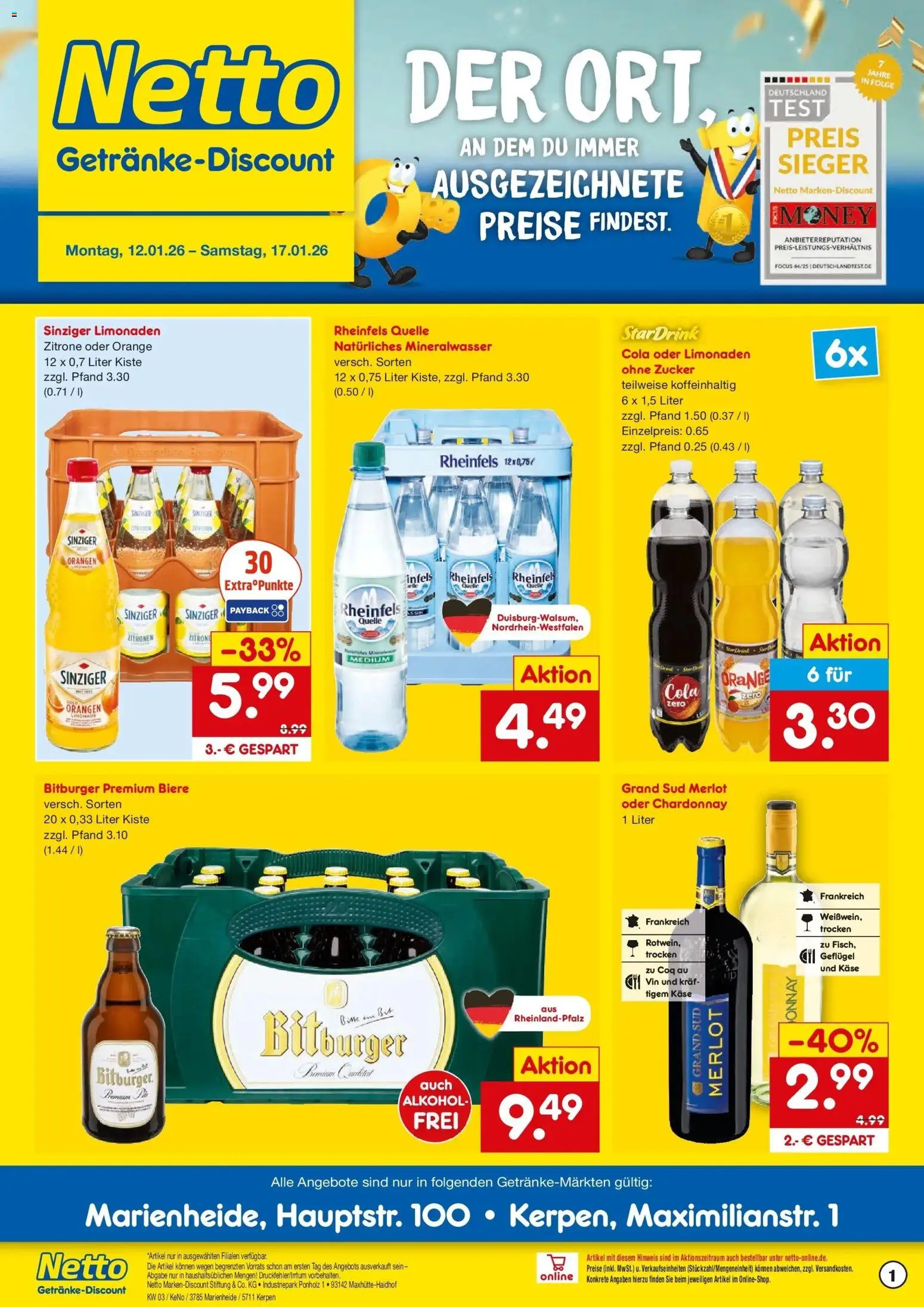 Netto Marken-Discount prospekt Marienheide	 – gültig ab 12.01.2026 | Seite: 1 | Produkte: Cola, Merlot, Zitrone, Rheinfels quelle