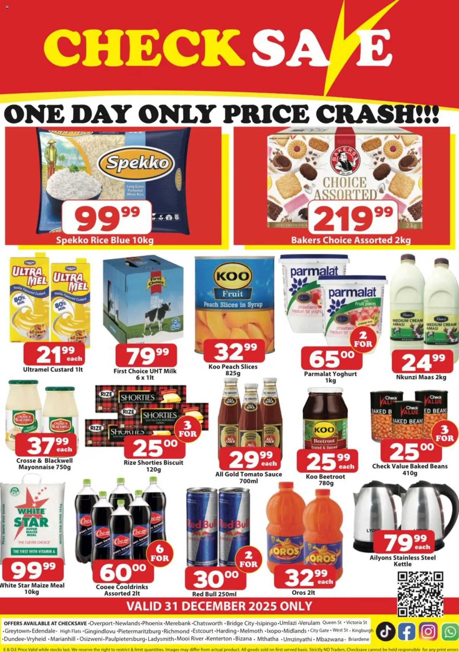 New Check Save catalogue – valid from 31.12.2025 | Page: 1 | Products: Baked beans, Milk, Cream, Peach