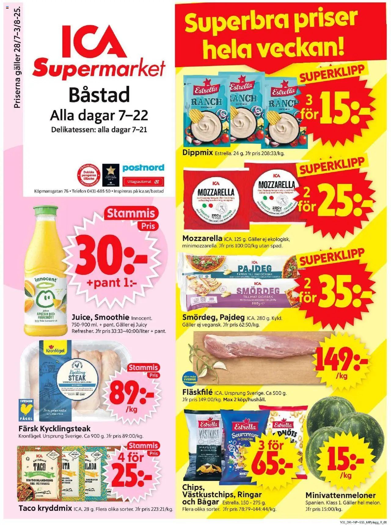 ICA Supermarket reklamblad aktuell från 28.07.2025 | Sida: 1 | Produkter: Kycklingklubba, Galler, Chips, Telefon