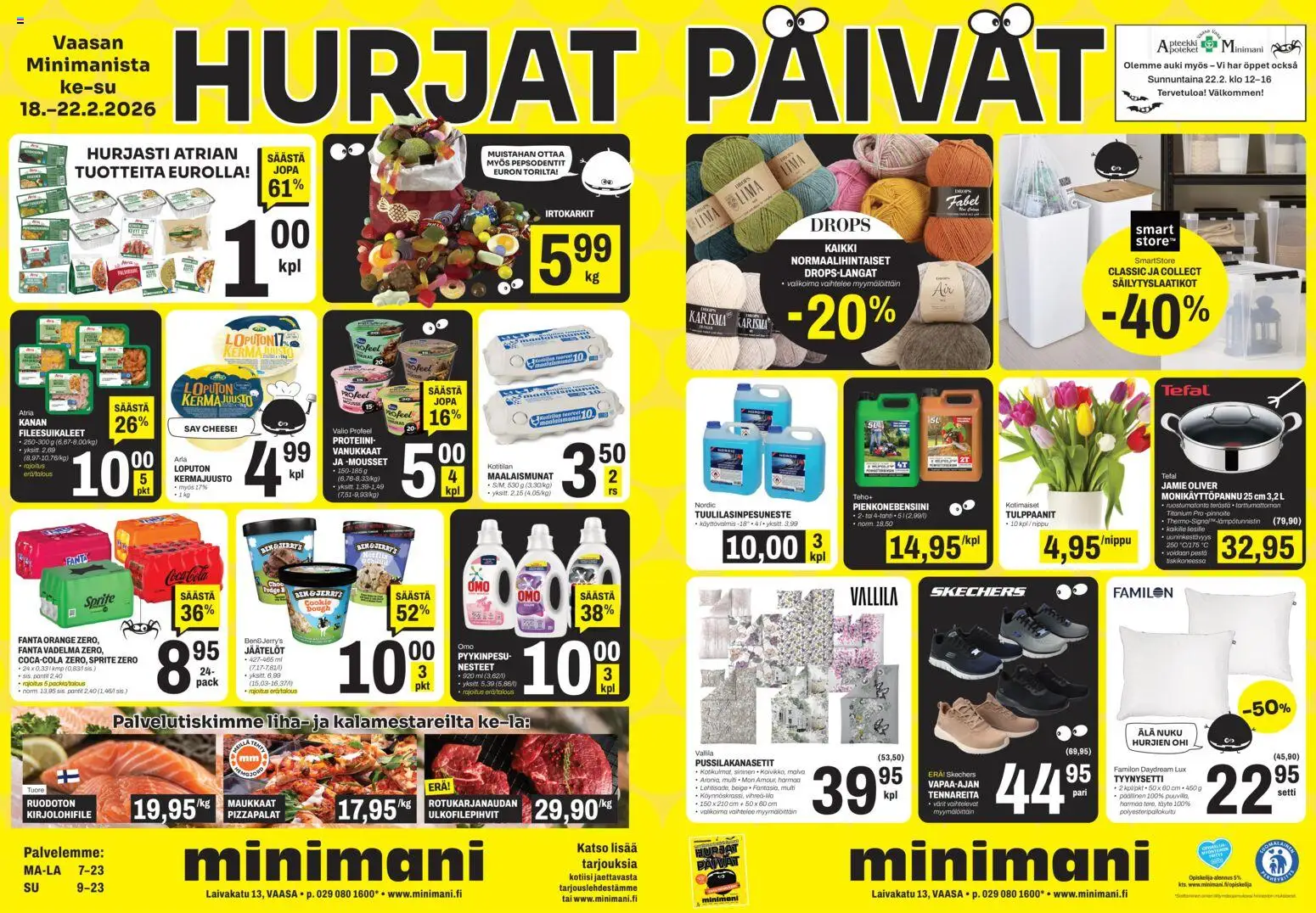 Minimani Tarjoukset - Vaasa – voimassa 18.02.2026 alkaen | Sivu: 1 | Tuotteet: Irtokarkit, Coca cola, Juusto, Fanta