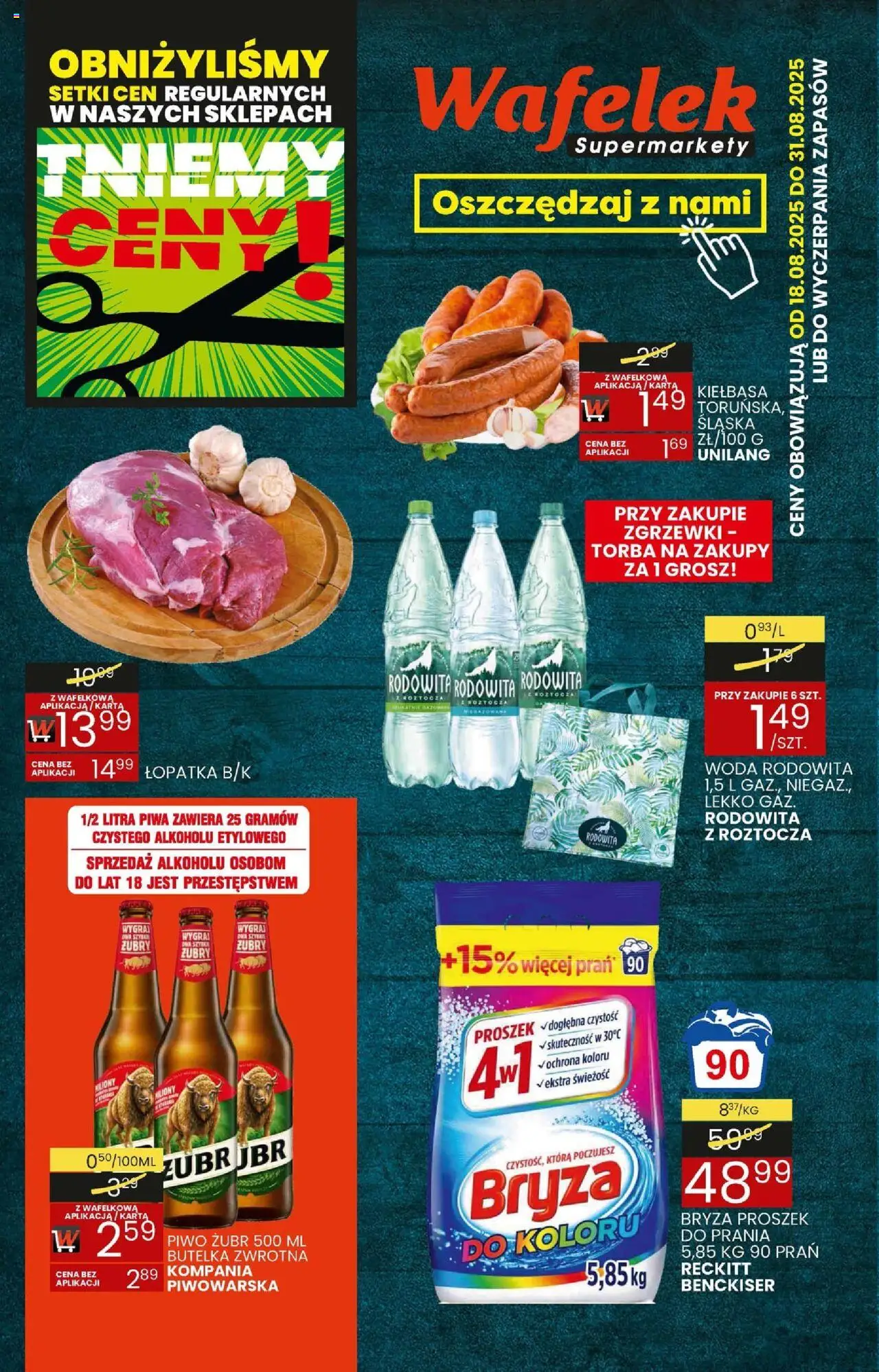 Wafelek Gazetka od 18.08.2025 | Strona: 1 | Produkty: Piwo żubr, Kiełbasa, Torba, Piwo