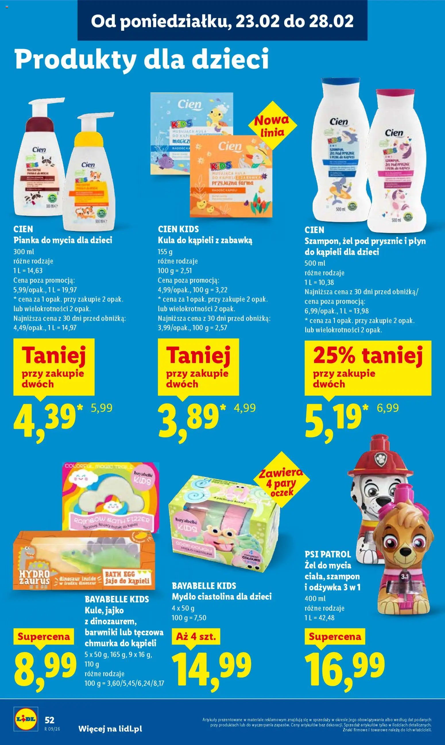Lidl Gazetka od 23.02.2026 | Strona: 52 | Produkty: Płyn do kąpieli dla dzieci, Prysznic, Odżywka, Żel pod prysznic
