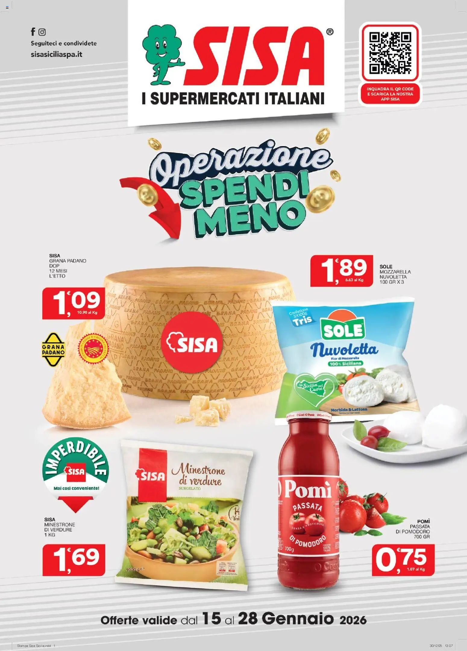 Volantino SISA del 15.01.2026 | Pagina: 1 | Prodotti: Minestrone, Mozzarella, Grana Padano, Stampa