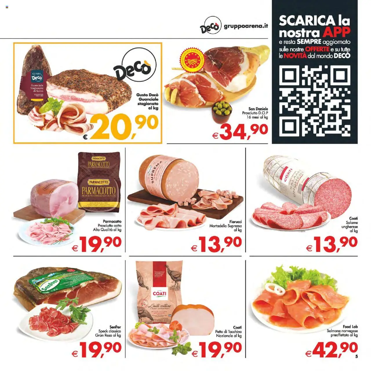 Volantino Decò del 14.10.2025 | Pagina: 5 | Prodotti: Prosciutto Cotto, Salmone, Tacchino, Guanciale