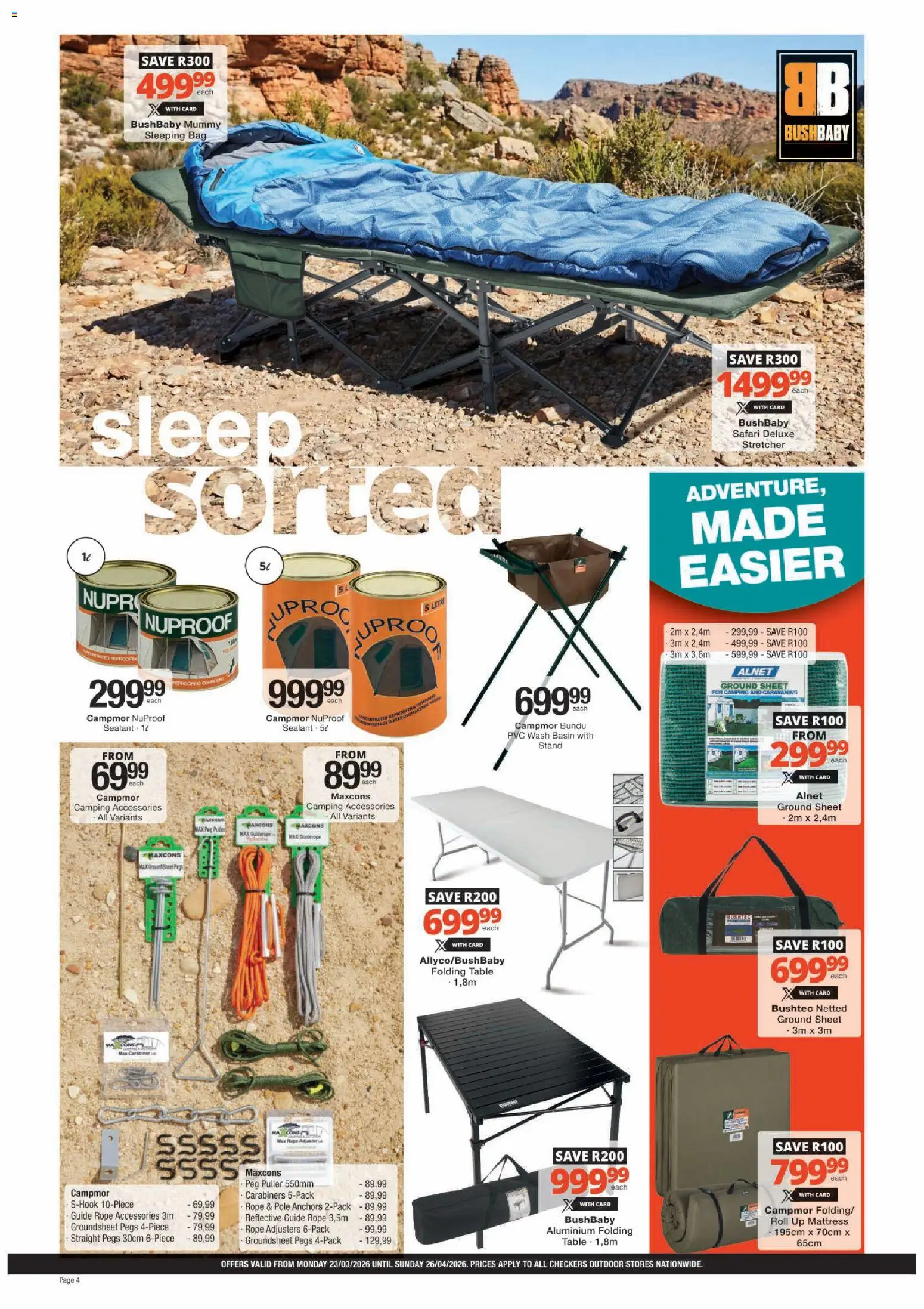 New Checkers catalogue – valid from 23.03.2026 | Page: 4 | Products: Mattress, Table, Sleeping bag, Basin