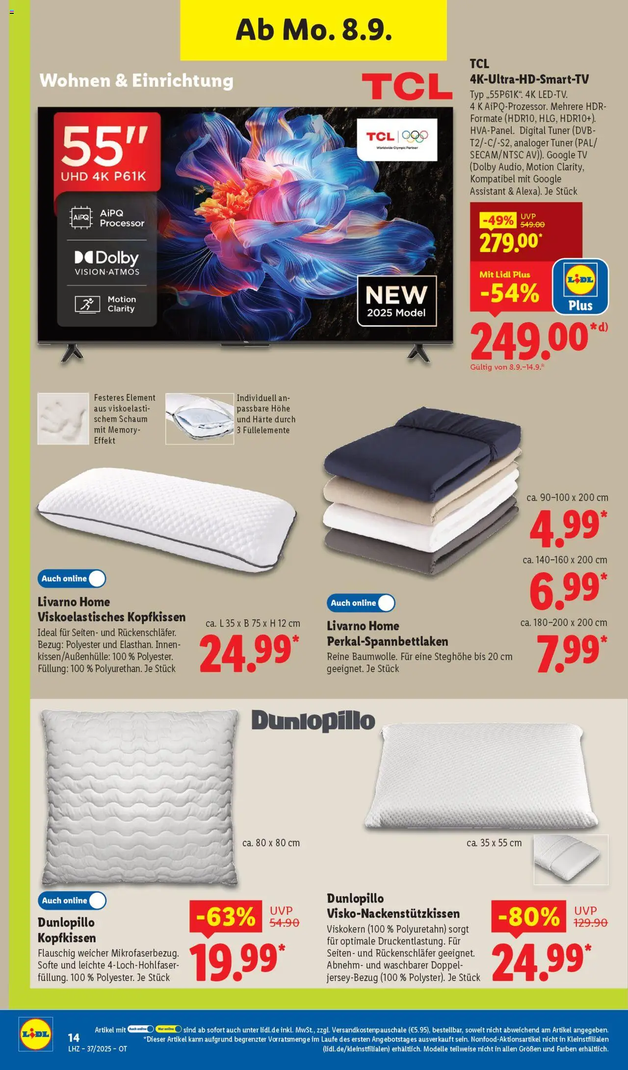 Lidl Prospekt Grimma	 - gültig ab dem 08.09.2025 | Seite: 8 | Produkte: Kopfkissen, TV