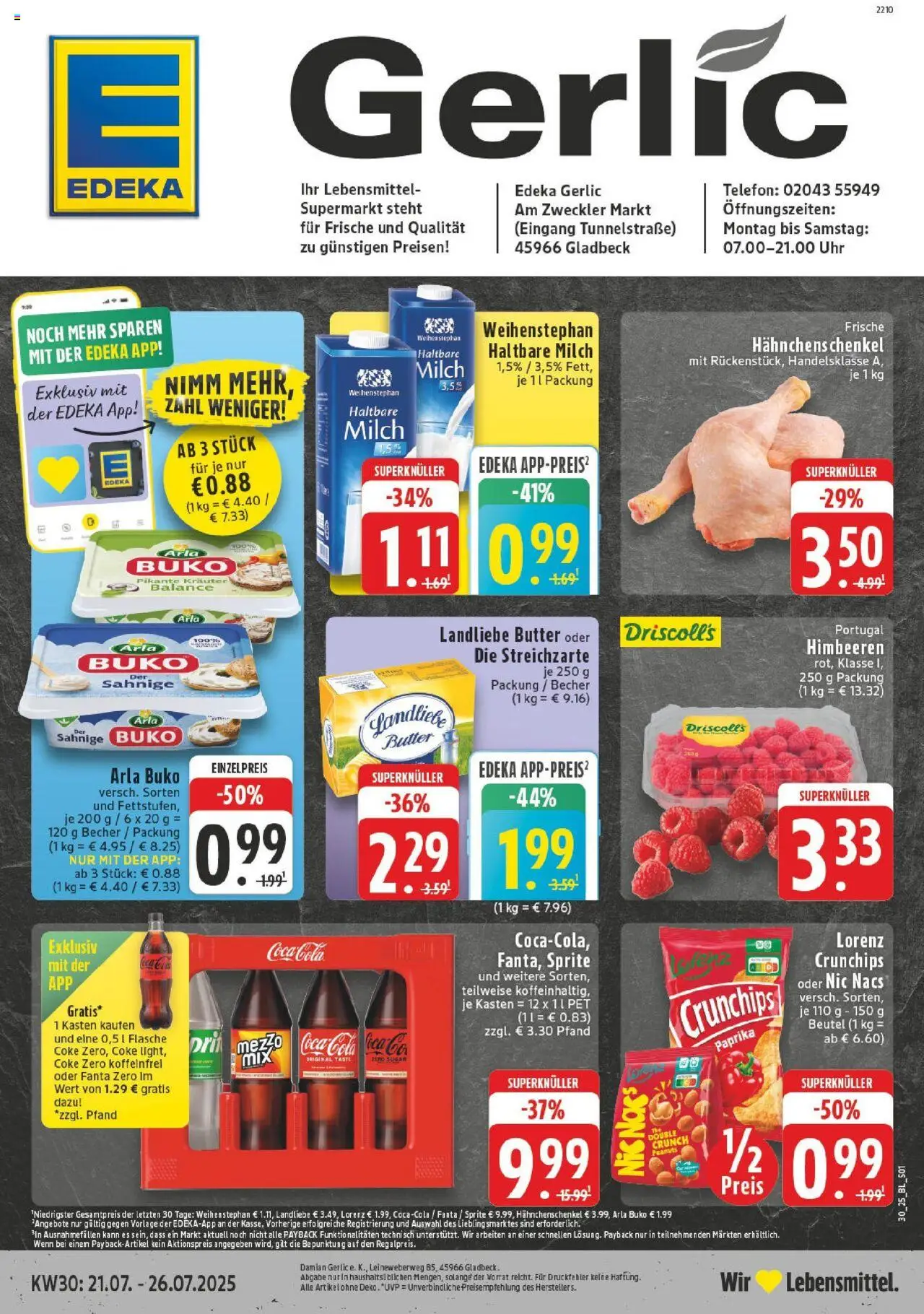 Edeka prospekt Gladbeck	 - gültig ab dem 20.07.2025 | Seite: 1 | Produkte: Cola, Hahnchenschenkel, Butter, Haltbare milch