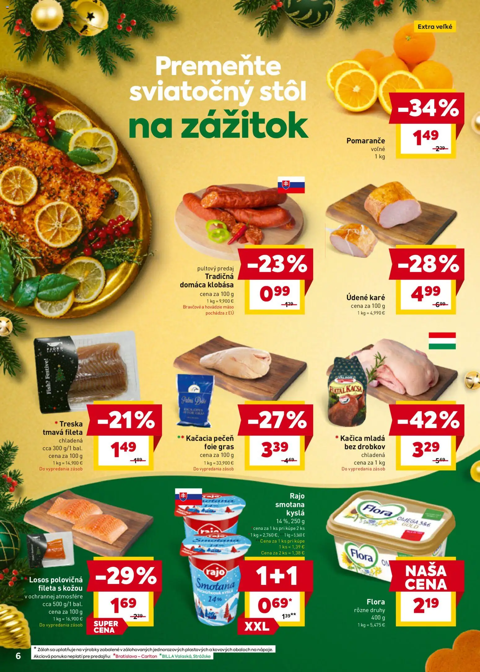 Nové Billa akcie – leták je platný od 10.12.2025 | Strana: 6 | Produkty: Stôl, Pomaranče, Klobása, Treska