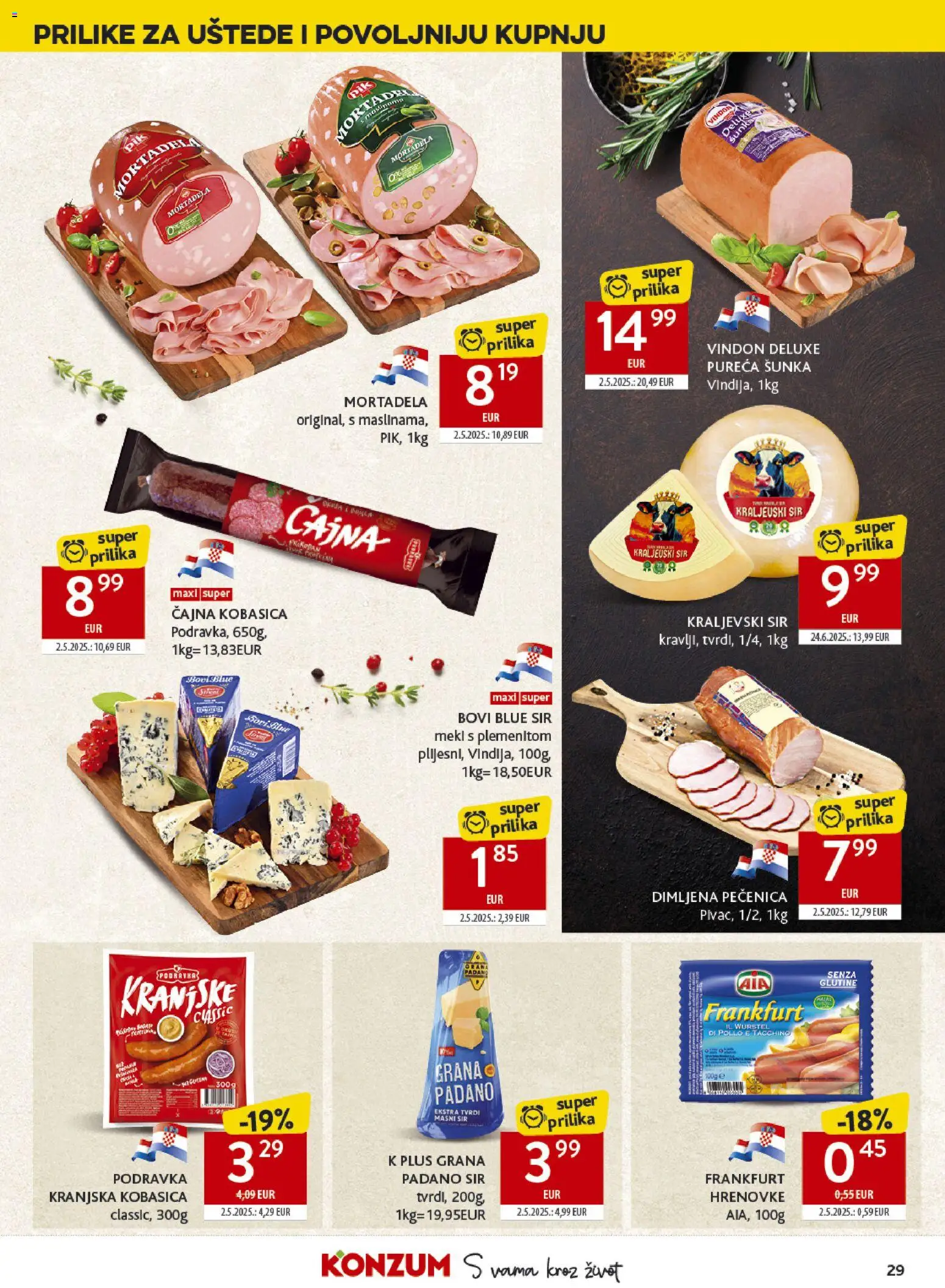 Konzum katalog | vrijedi od 15.04.2026 | Stranica: 29 | Proizvodi: Sir, Šunka, Hrenovke, Kranjska kobasica