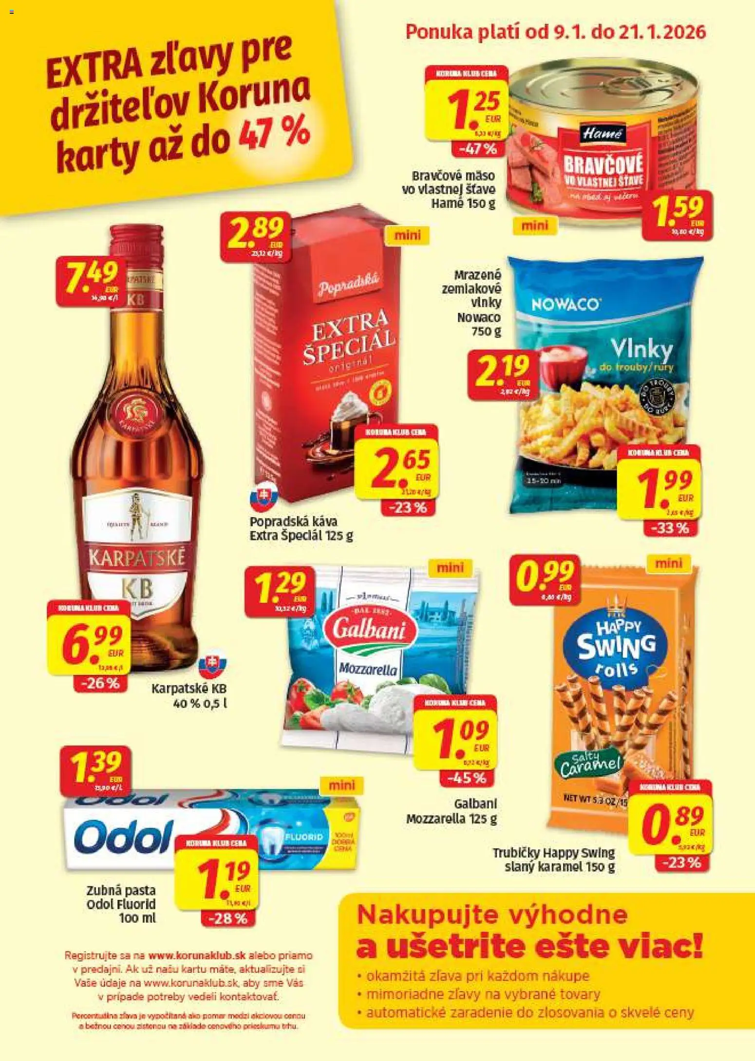 Nové Koruna akcie – leták je platný od 09.01.2026 | Strana: 1 | Produkty: Káva, Popradská káva, Mozzarella, Zubná pasta