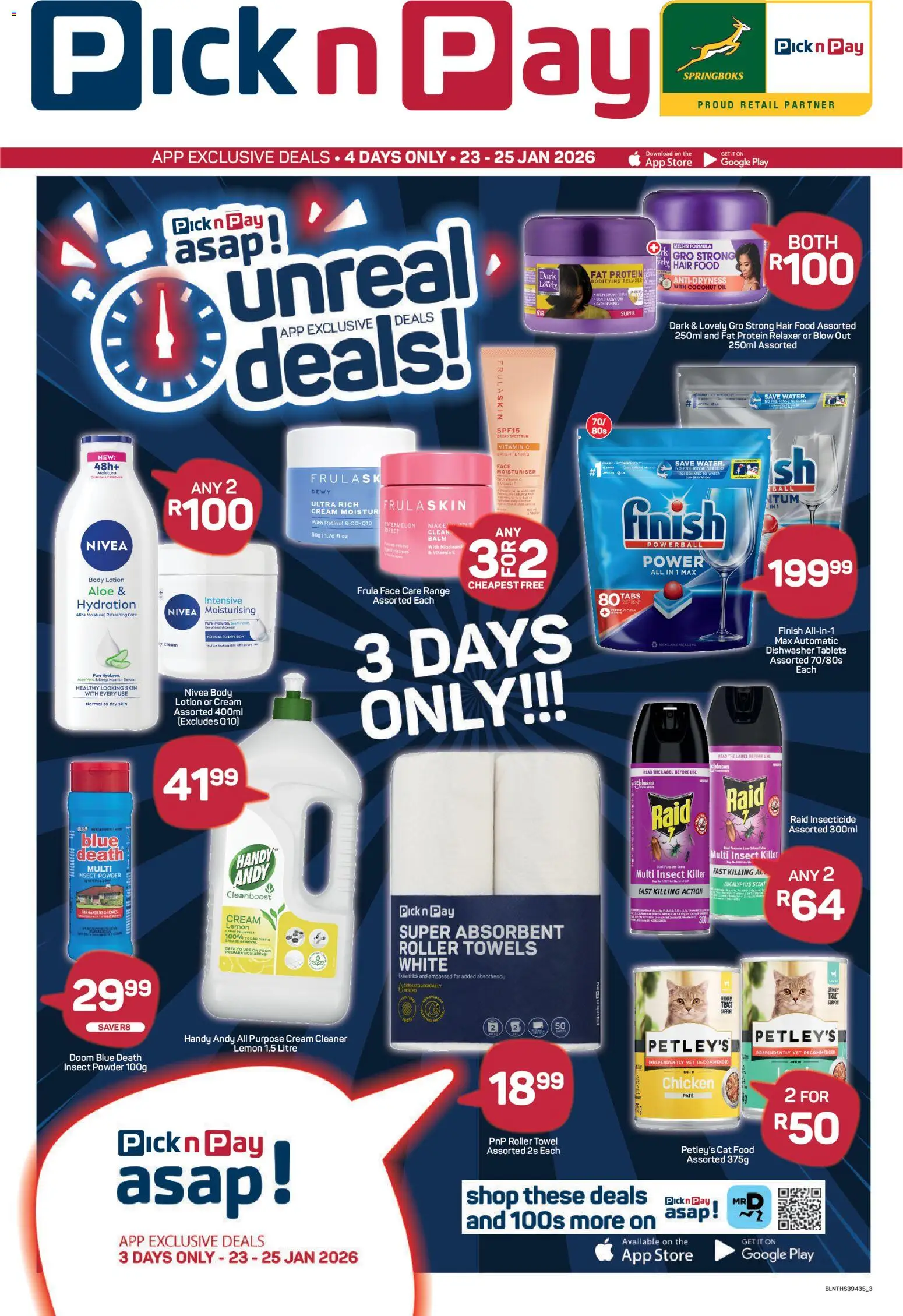 New Pick n Pay catalogue – valid from 23.01.2026 | Page: 3 | Products: Cream, Dishwasher tablets, Relaxer, Cat food