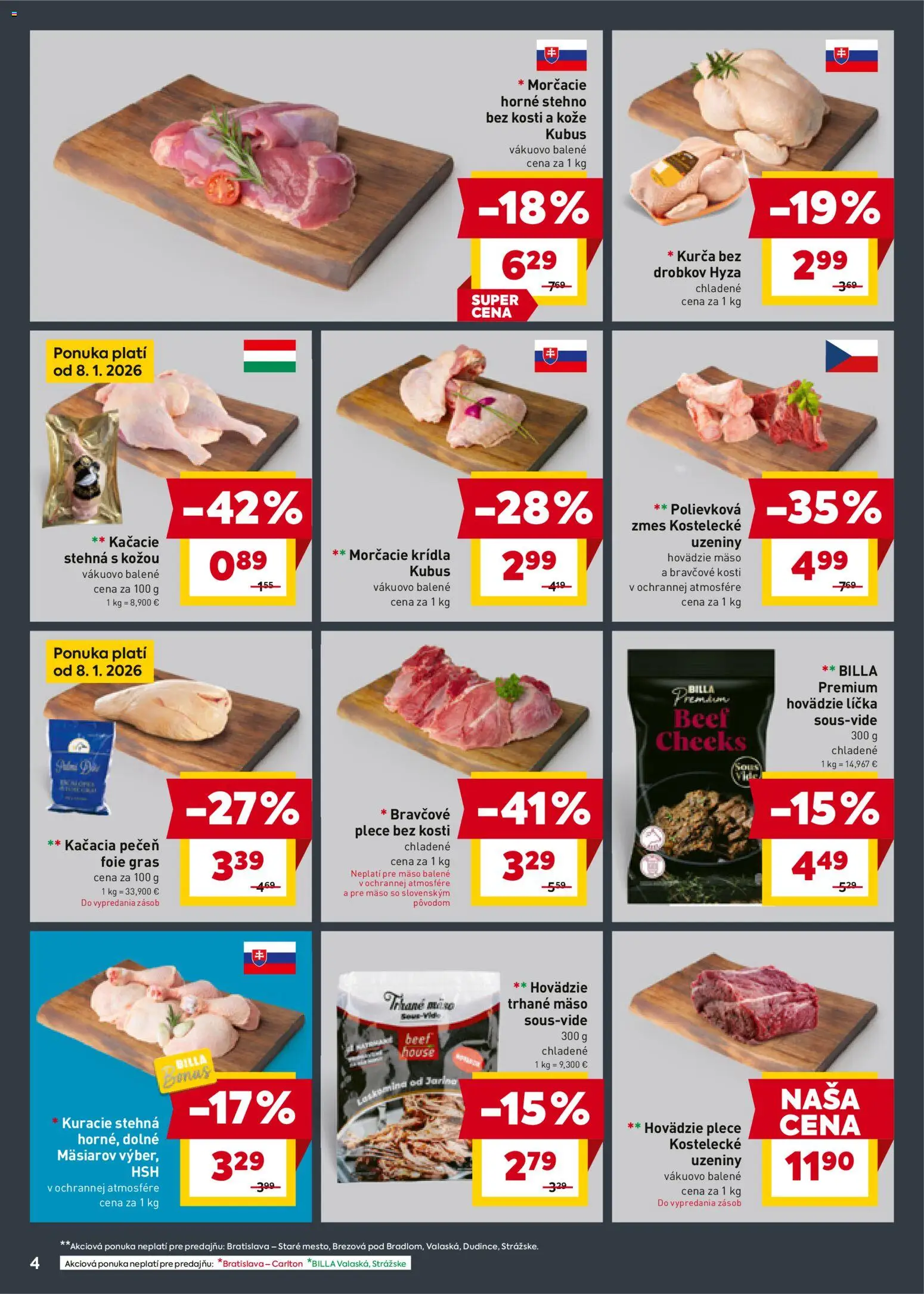 Nové Billa akcie – leták je platný od 07.01.2026 | Strana: 4 | Produkty: Hovädzie mäso, Kuracie stehná, Kurča