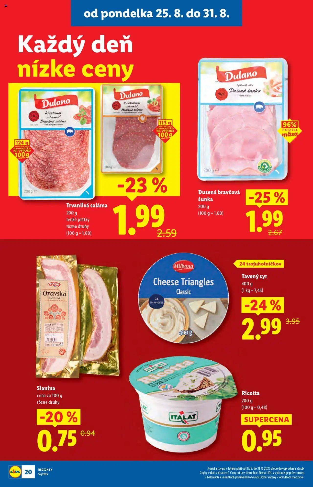 Lidl leták │ platný od 25.08.2025 | Strana: 28 | Produkty: Syr, Saláma, Šunka, Slanina