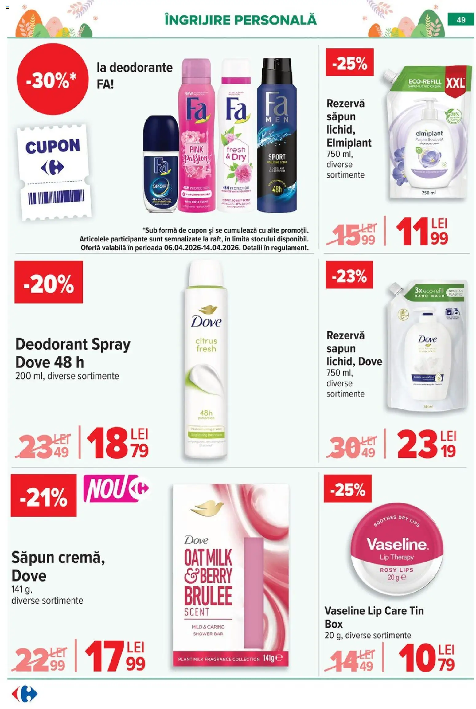Noul catalog Carrefour – valabil de la 06.04.2026 | Pagină: 55 | Produse: Săpun, Deodorant, Săpun lichid, Rezervă săpun