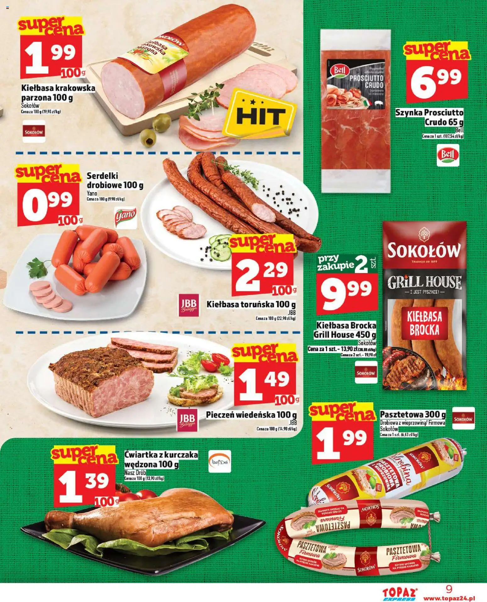 Topaz Gazetka - Express od 30.10.2025 | Strona: 9 | Produkty: Kiełbasa, Szynka prosciutto, Szynka, Ćwiartka z kurczaka
