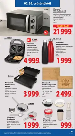 Silvercrest® Mikrohullámú sütő, 6 teljesítményfokozattal. Könnyen kezelhető forgószabályozó az idő és teljesítmény beállításához. Üveg forgótányérral. Méret: kb. 45x24x36 cm - amely érvényes a következő dátumtól: 26.02.2026 | Oldal: 43
