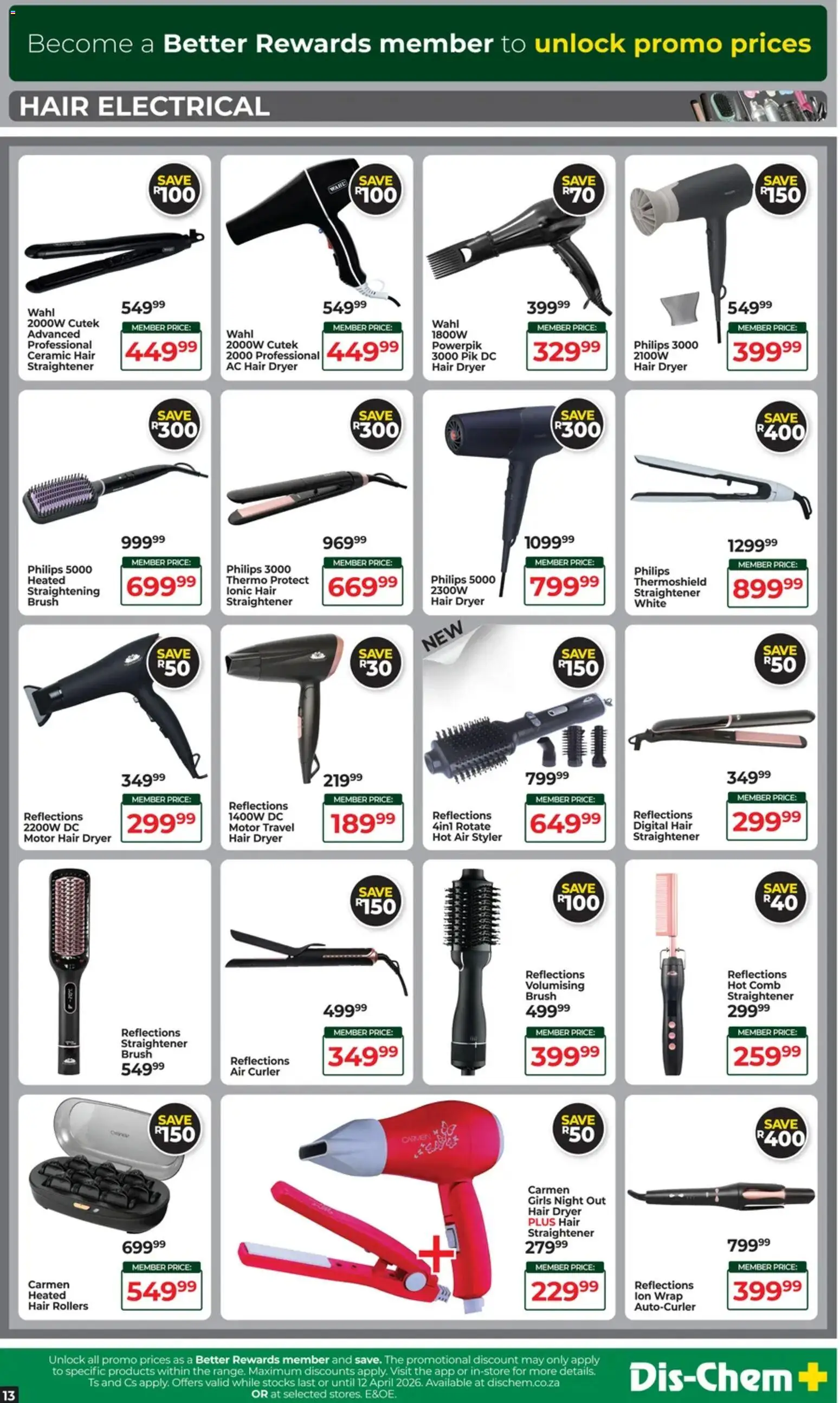 New Dis-Chem catalogue – valid from 17.03.2026 | Page: 13 | Products: Dryer, Hair dryer, Hair straightener, Brush