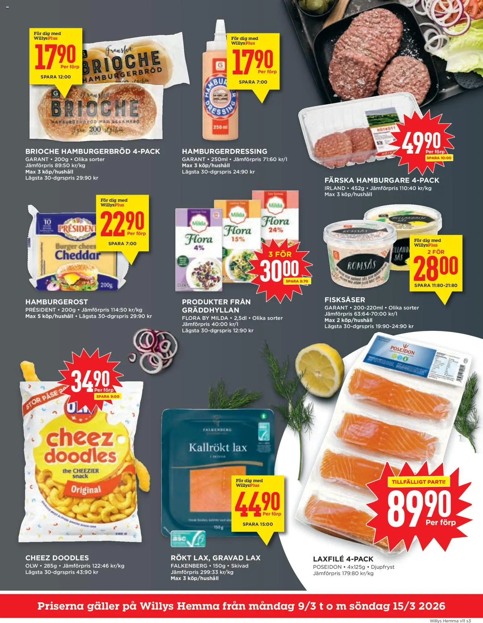 Willys reklamblad aktuell från 09.03.2026 | Sida: 3 | Produkter: Romsås, Galler, Hamburgerbröd, Hamburgerdressing
