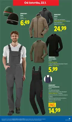 PARKSIDE® Termo kombinezon, Komad, Od izdržljivog materijala, Godnji materijal odbija vodu zahvaljujući BIONIC-FINISH ECO® tretmanu, Djelomično elastične naramenice podesive po dužini, Djelomično gumirana pasica u struku za optimalnu slobodu kretanja, Veličine: 48-56 - Pregled kataloga iz trgovine Lidl, vrijedi od 19.01.2026 | Stranica: 45 | Proizvodi: Majica, Jakna, Kombinezon, Kapa