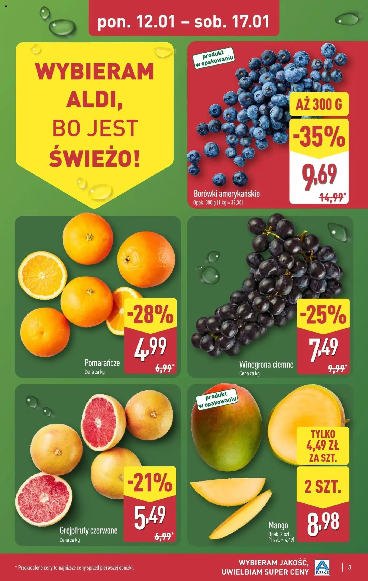 Aldi Gazetka od 12.01.2026 | Strona: 3 | Produkty: Mango, Winogrona, Pomarańcze