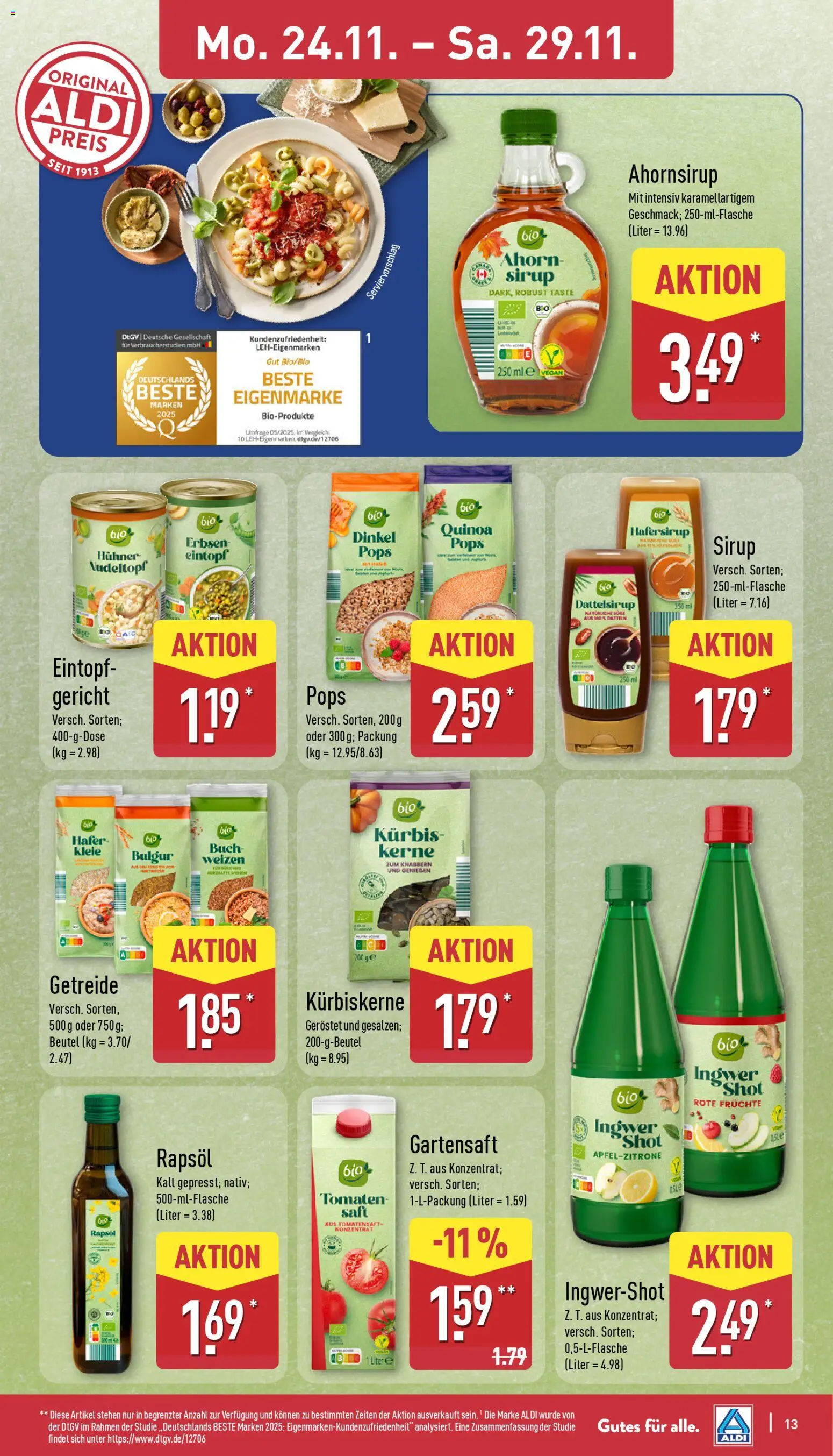 Aldi Prospekt 	 – gültig ab 24.11.2025 | Seite: 19 | Produkte: Tomaten, Saft, Getreide, Erbsen